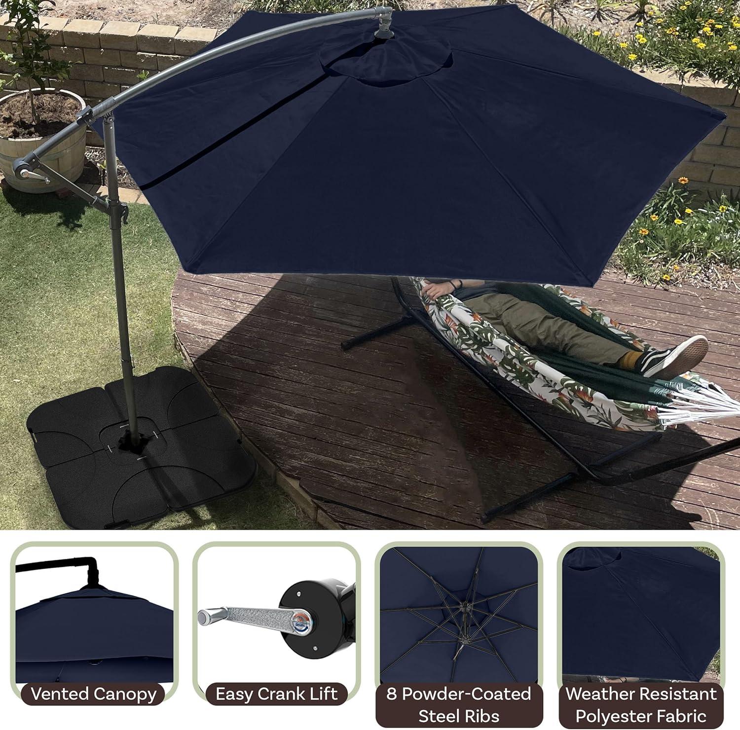 Pure Garden 10' Octagon Outdoor Patio Cantilever Umbrella Navy Blue: Weather-Resistant, Crank Lift, No Tilt