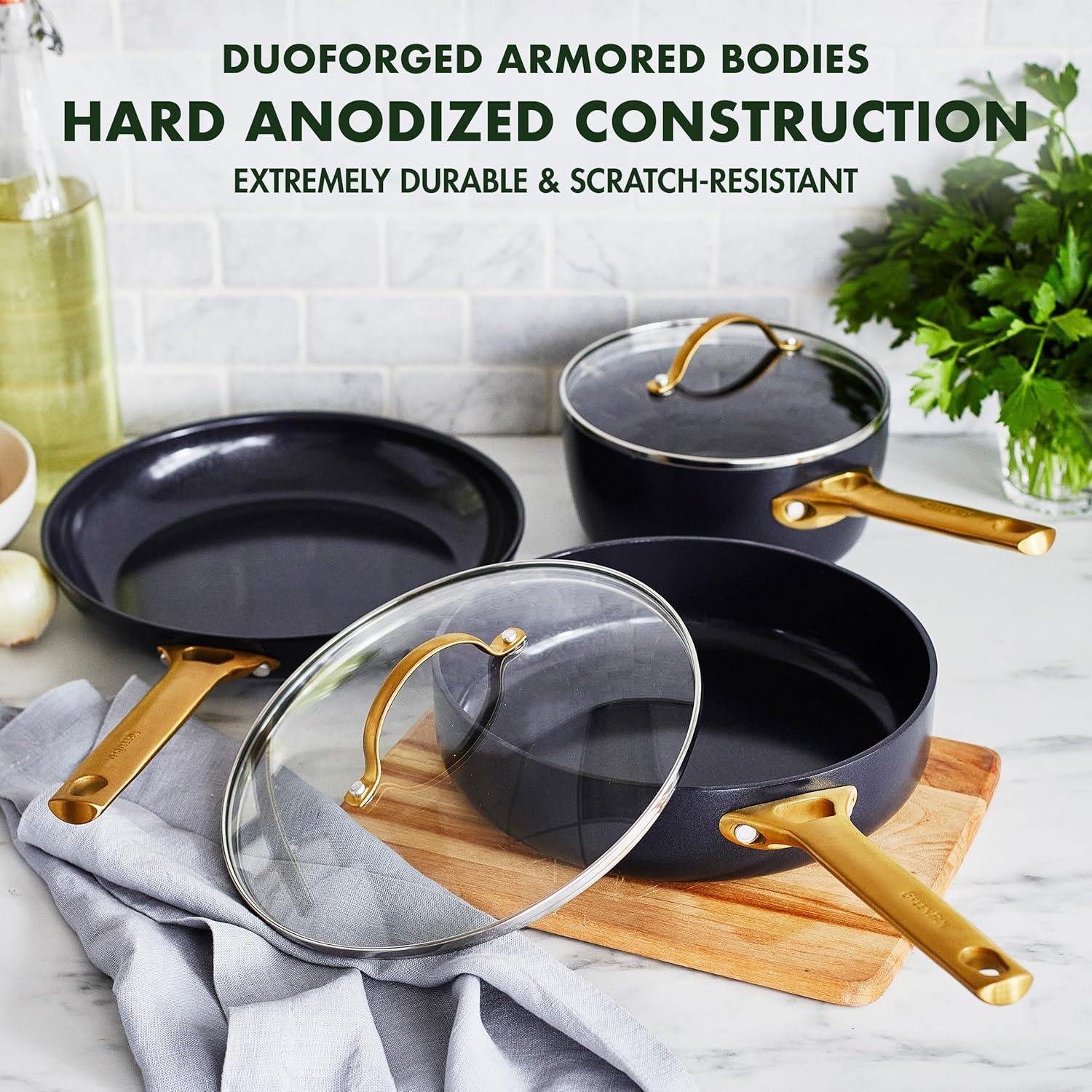 GreenPan Reserve Healthy Ceramic Nonstick 5 pc Cookware Set, Black with Gold-Tone Handles