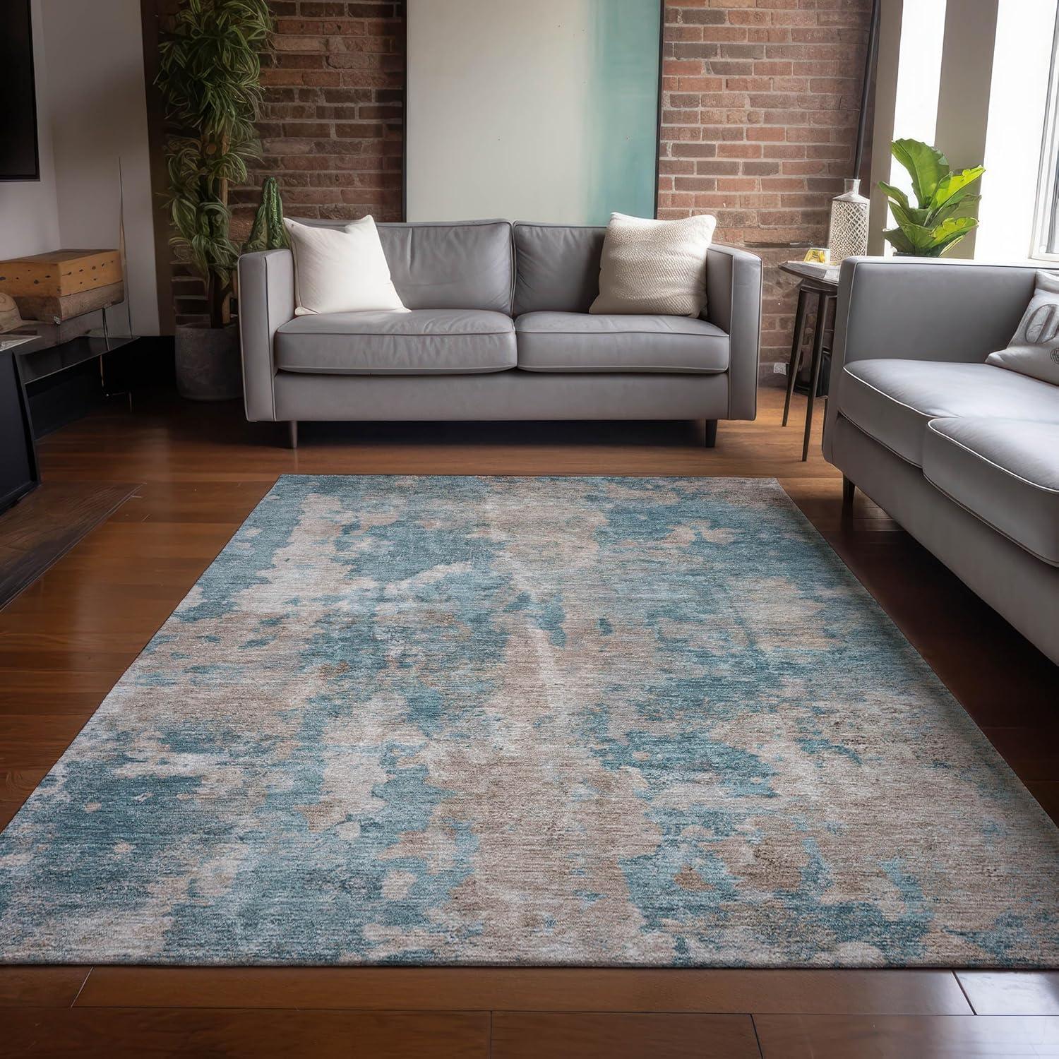 Teal and Beige Synthetic Flat Woven Washable Area Rug