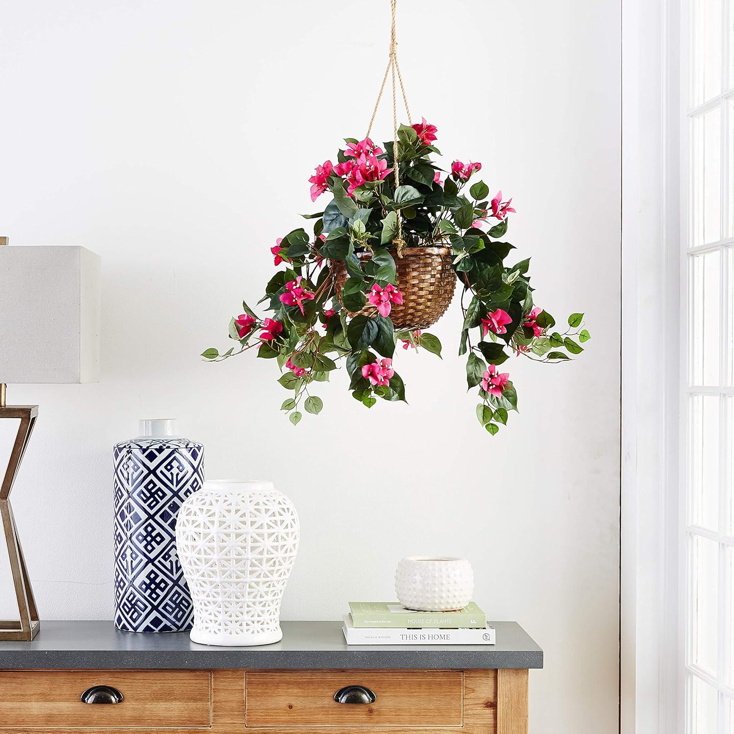 Nearly Natural Bougainvillea Flowering Artificial Plant in Hanging Basket