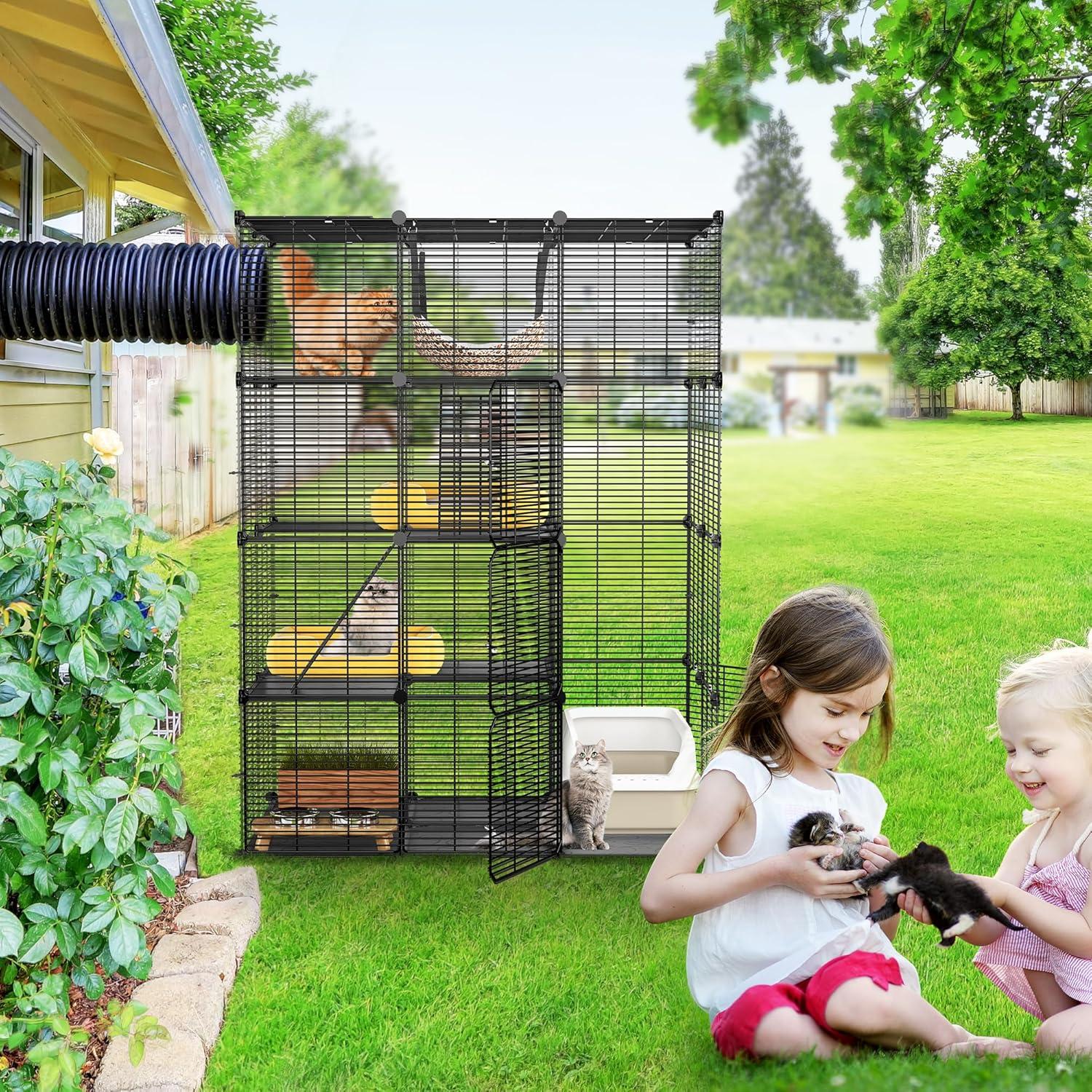 Dextrus Cat Cage Indoor Large with Hammock 4 Tier Outdoor Cat Enclosure Catio Metal Kennels for 1-3 Cats, DIY Detachable Pet Playpen, Black