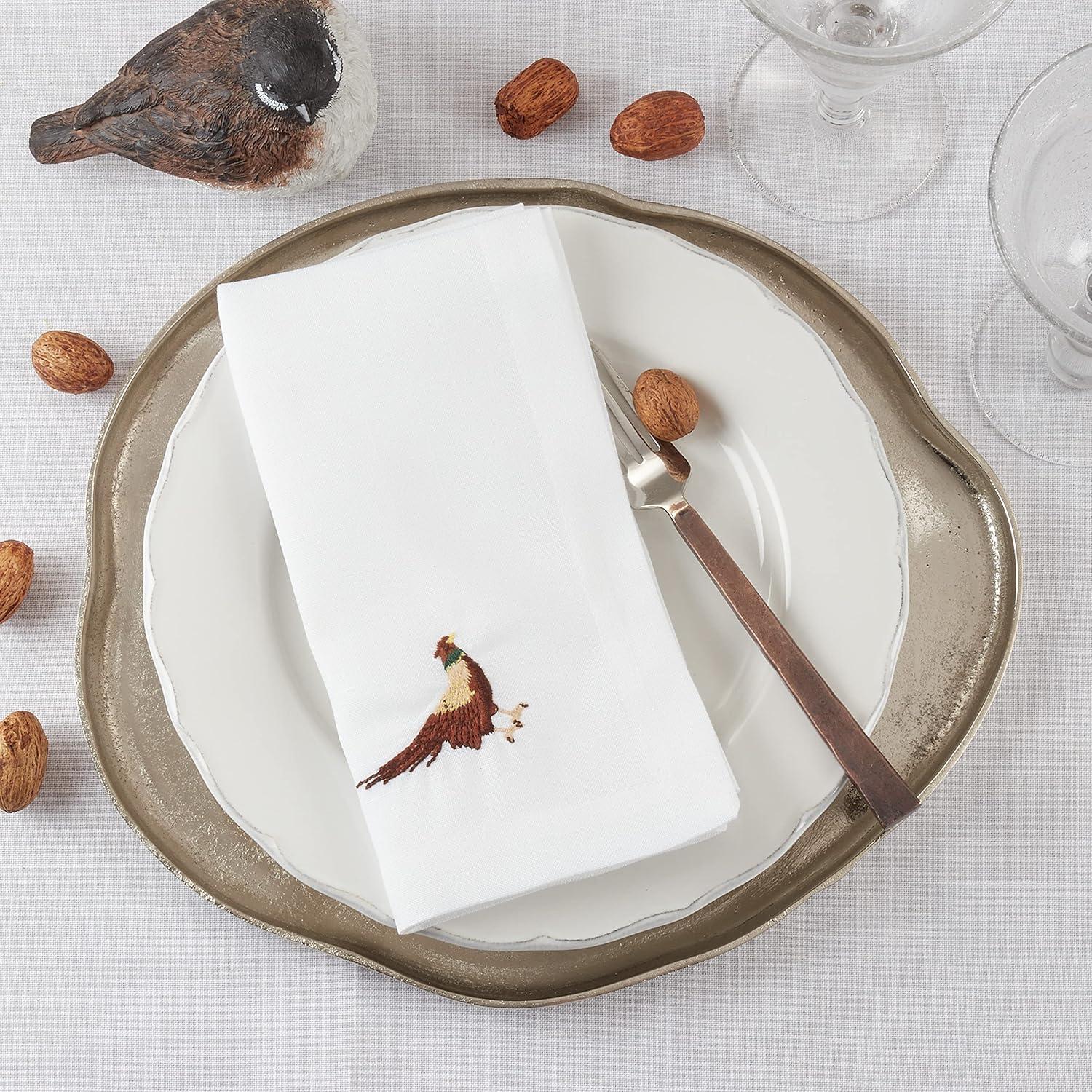 White Polyester Embroidered Pheasant Design Table Napkins Set