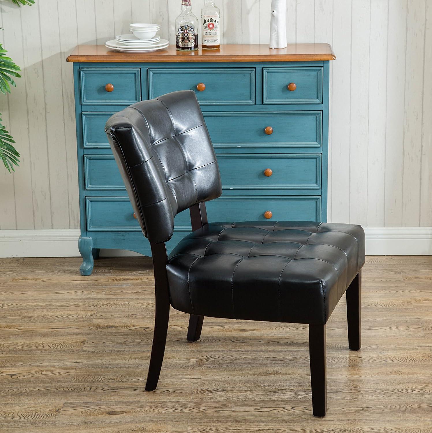 Luxurious Black Faux Leather Tufted Slipper Chair with Wood Legs