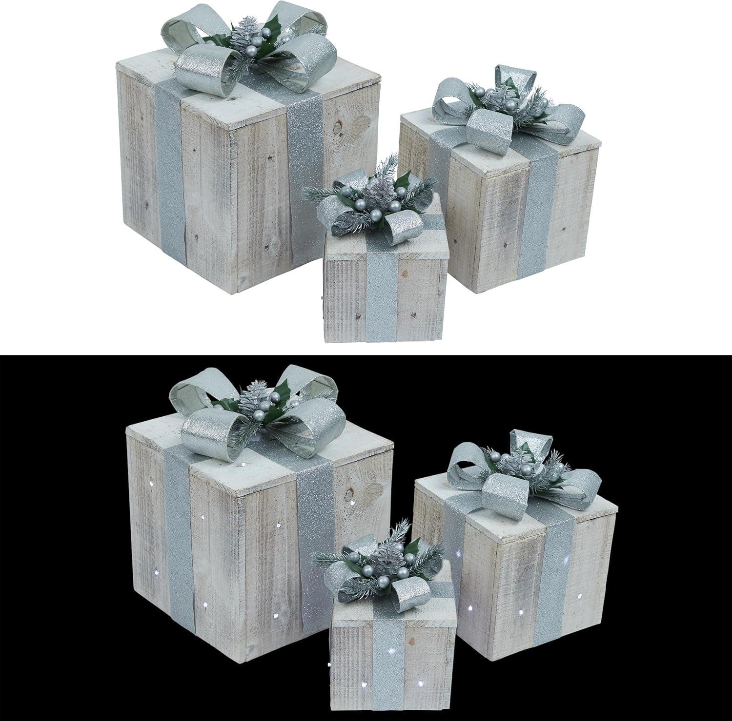 Alpine Corporation Set of 3 Assorted Size Wooden Light-Up Holiday Gift Boxes Decor, Silver