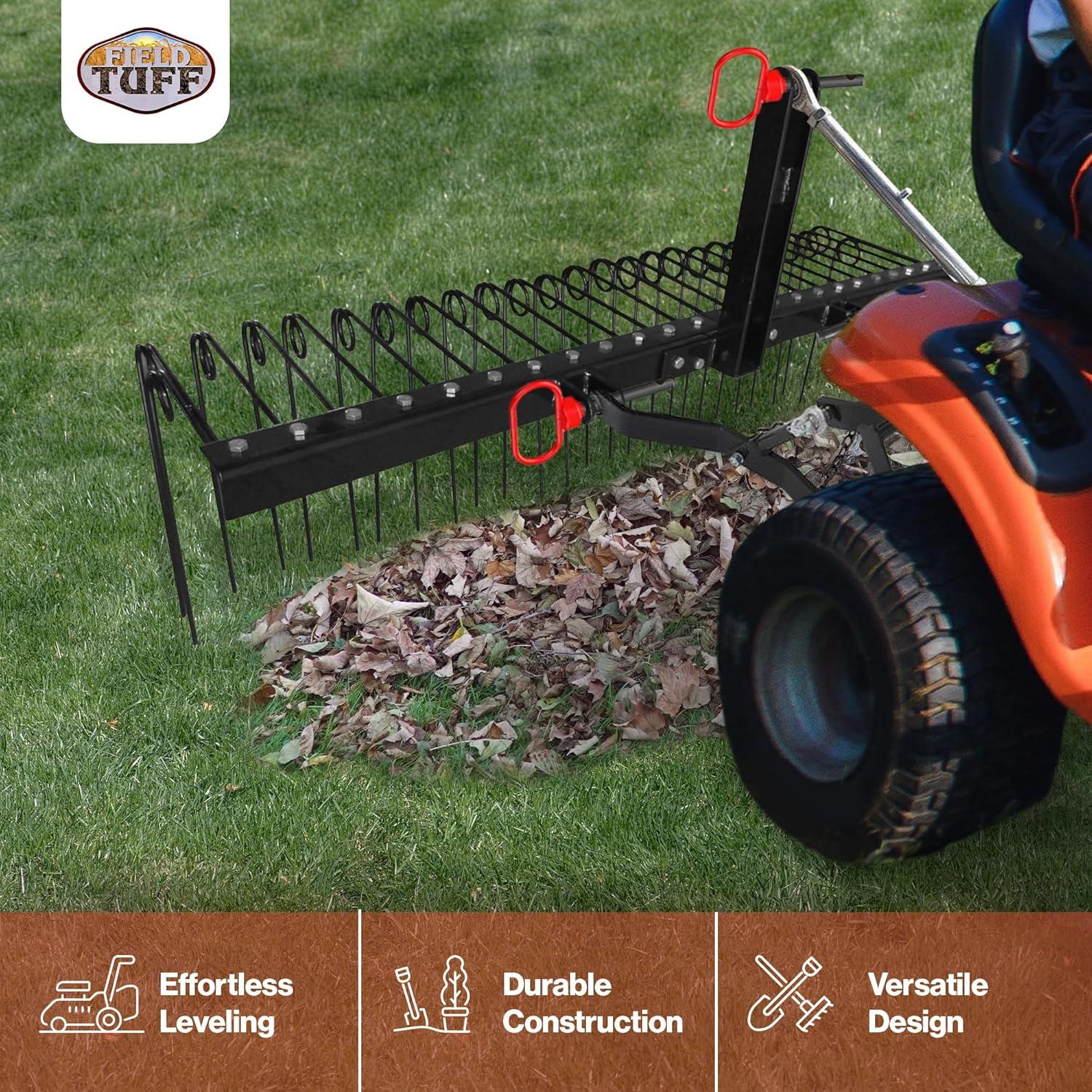 Field Tuff Steel Spring Coil Tine Tow Behind Landscape Rake for Leaves, Pine Needles, Straw, and Grass with 3 Point Hitch Receiver Attachment, Black