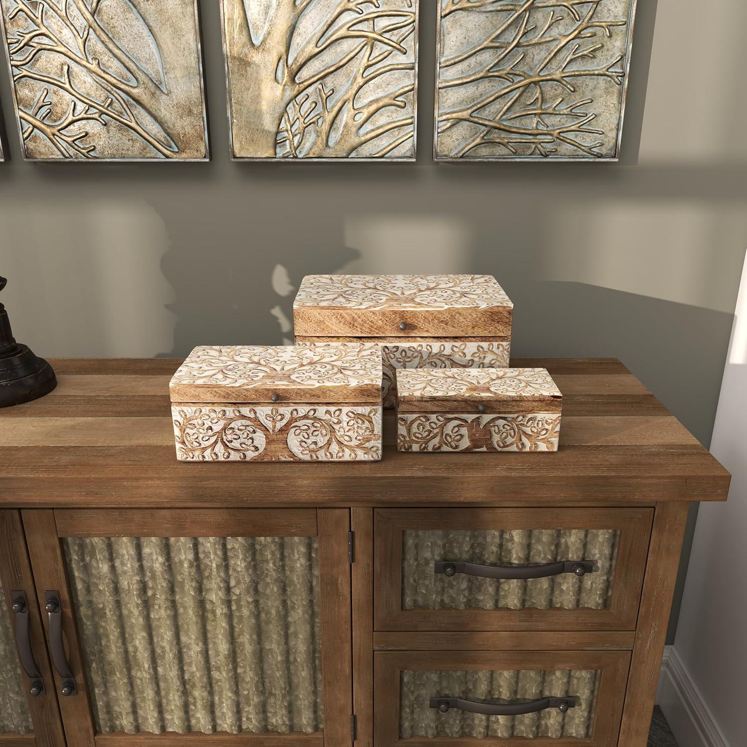 Olivia & May Set of 3 Rustic Carved Mango Wood Boxes : Handmade Keepsake Storage
