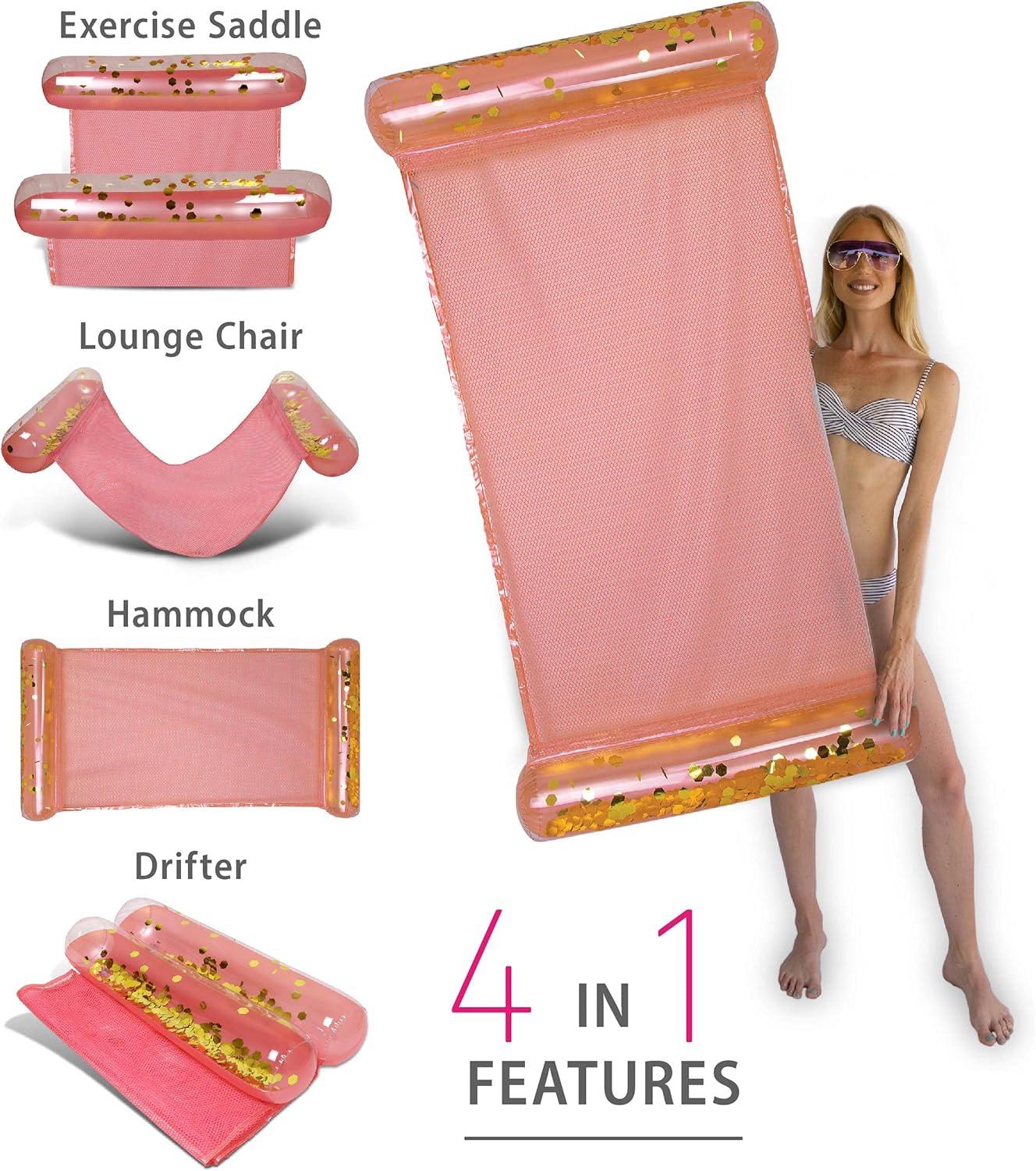 POZA Inflatable Rose Gold Full House Bundle - Premium Luxurious Sparkle Confetti 36" Pool Float Tube, 16" Beach Balls, 74" Pool Noodles, 48" Pool Chair, and 56" Water Hammock - 7 Pieces Pack