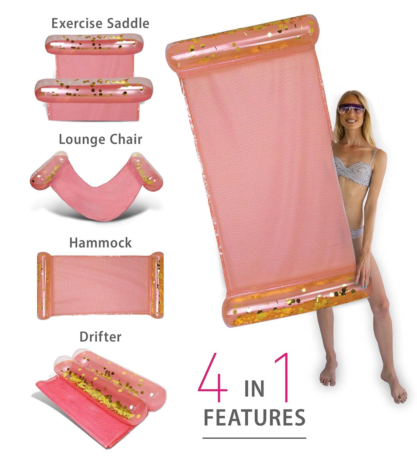 POZA Inflatable Rose Gold Full House Bundle - Premium Luxurious Sparkle Confetti 36" Pool Float Tube, 16" Beach Balls, 74" Pool Noodles, 48" Pool Chair, and 56" Water Hammock - 7 Pieces Pack