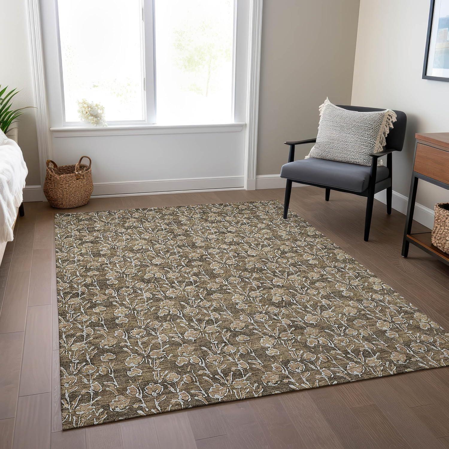 Brown Floral Synthetic 5' x 7' Washable Area Rug