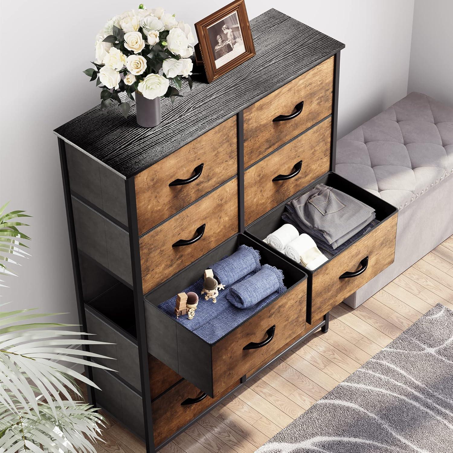 Rustic Brown 10-Drawer Fabric Storage Dresser with Wood Top