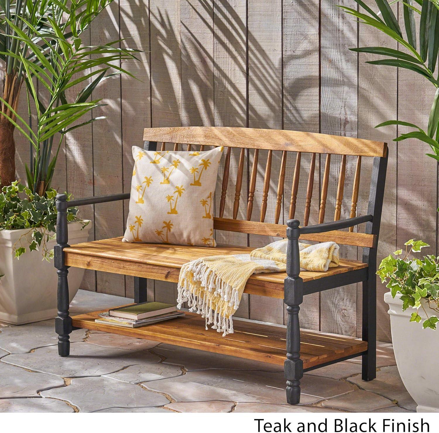 Teak and Black Acacia Wood Bench with Shelf, 51"