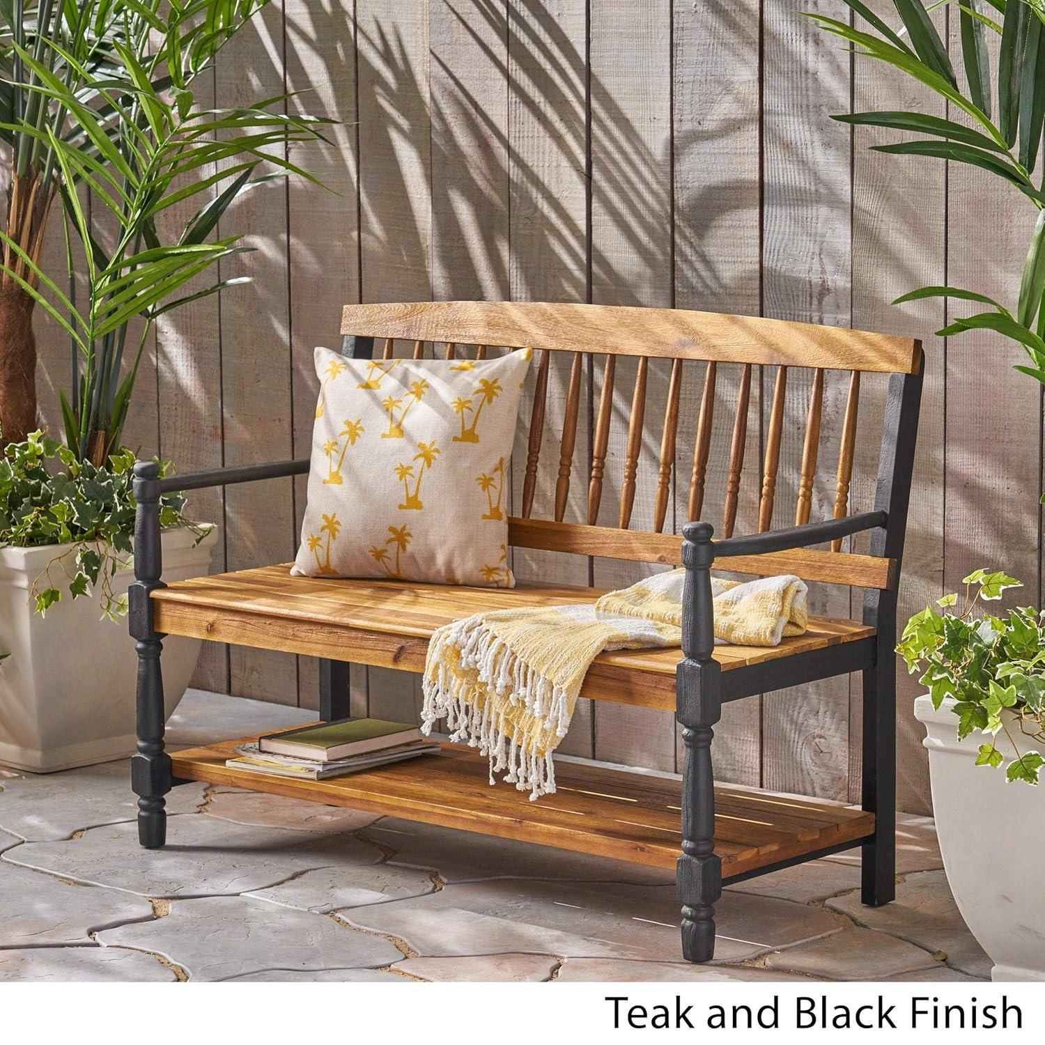 Lennon Farmhouse Teak Brown and Black Acacia Wood Indoor/Outdoor Patio Bench with Shelf