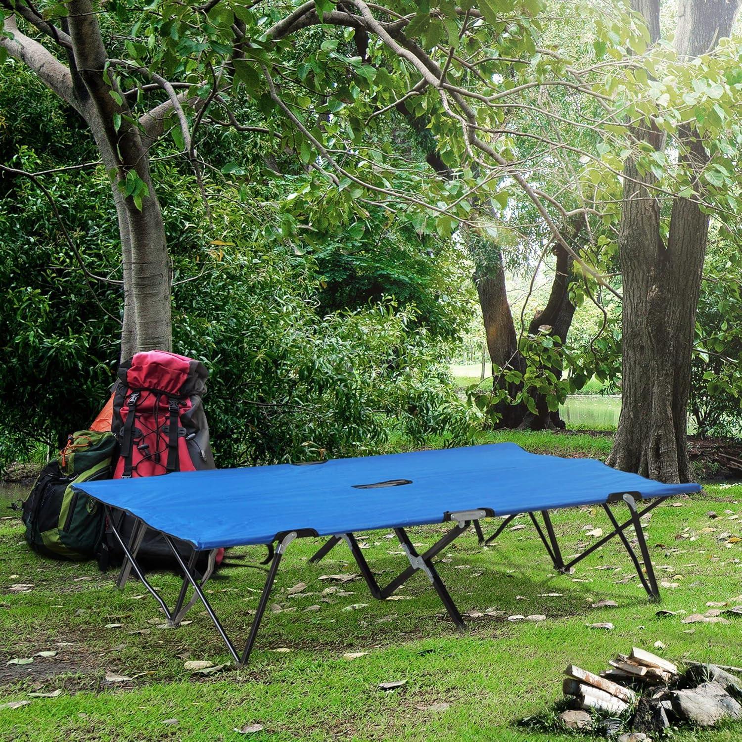 Outsunny 2 Person Folding Camping Cot, Portable Sleeping Cot with Carry Bag, Blue