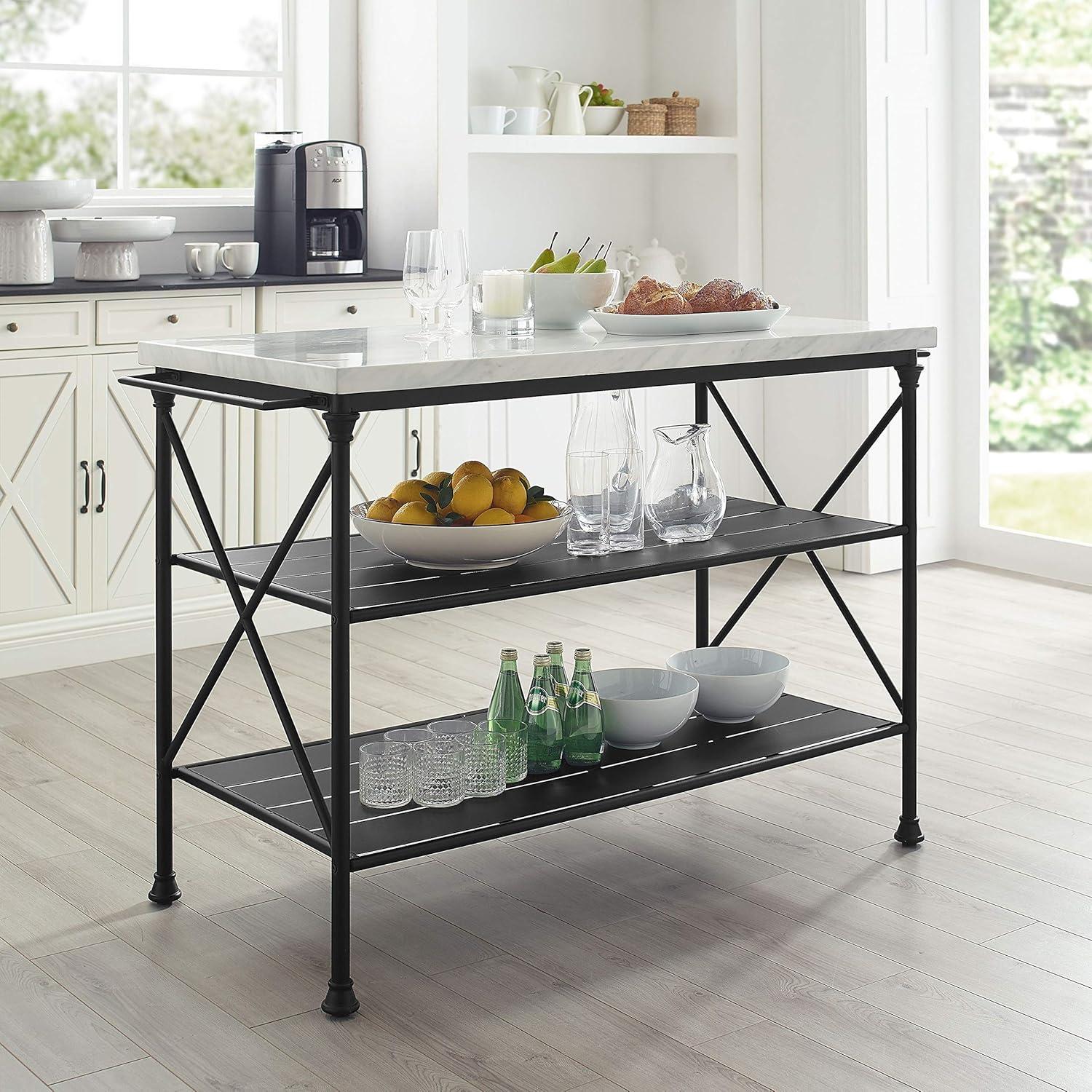 Crosley Madeleine Kitchen Island Matte Black: French Industrial Style, Steel Base, Open Storage Shelves, Towel Bars