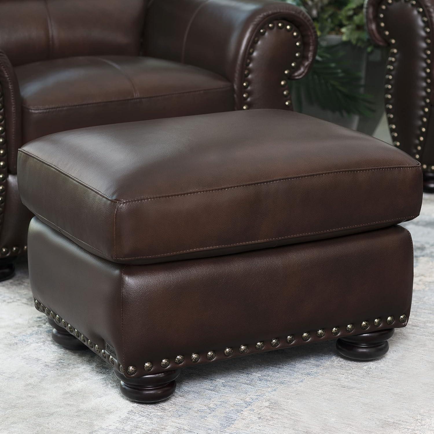 Abbyson Living Austin Leather Ottoman - Traditional Design, Nailhead Trim, Brown