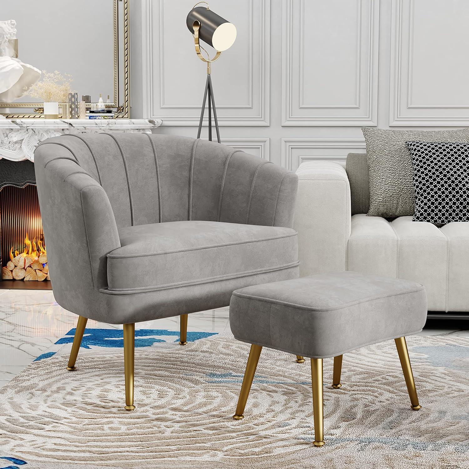 Gray Velvet Barrel Accent Chair with Ottoman and Gold Legs