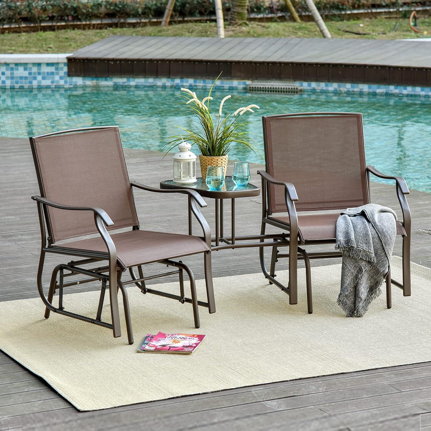 Outsunny Outdoor Glider Chairs with Coffee Table, Patio 2-Seat Rocking Chair Swing Loveseat with Breathable Sling, Coffee Brown