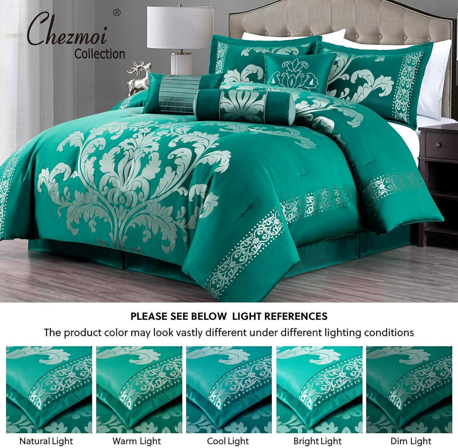 Queen Green and Silver Jacquard Floral Comforter Set