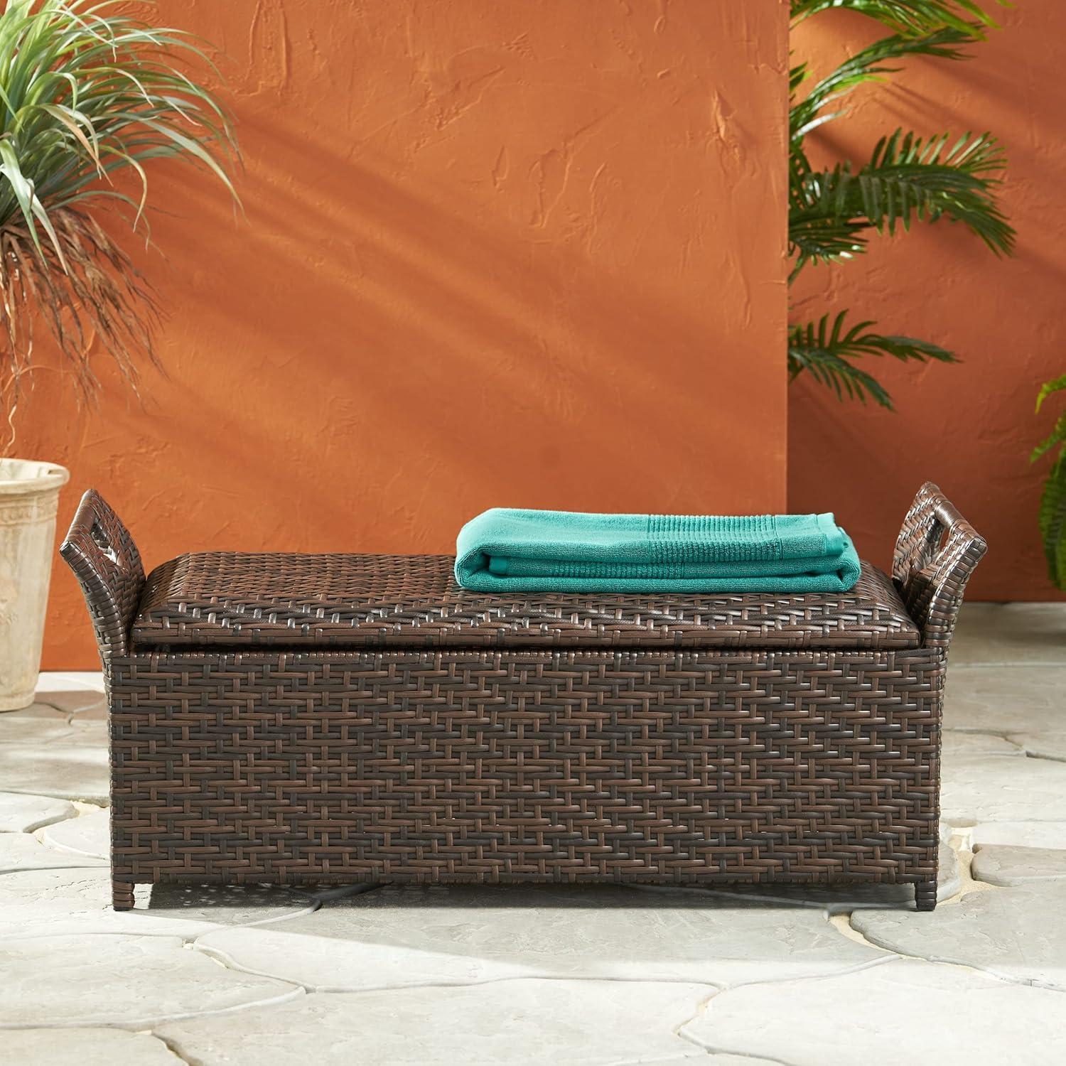 Wing Wicker Patio Storage Bench - Multi Brown - Christopher Knight Home: Iron Frame, Water & UV Resistant, Seats 2