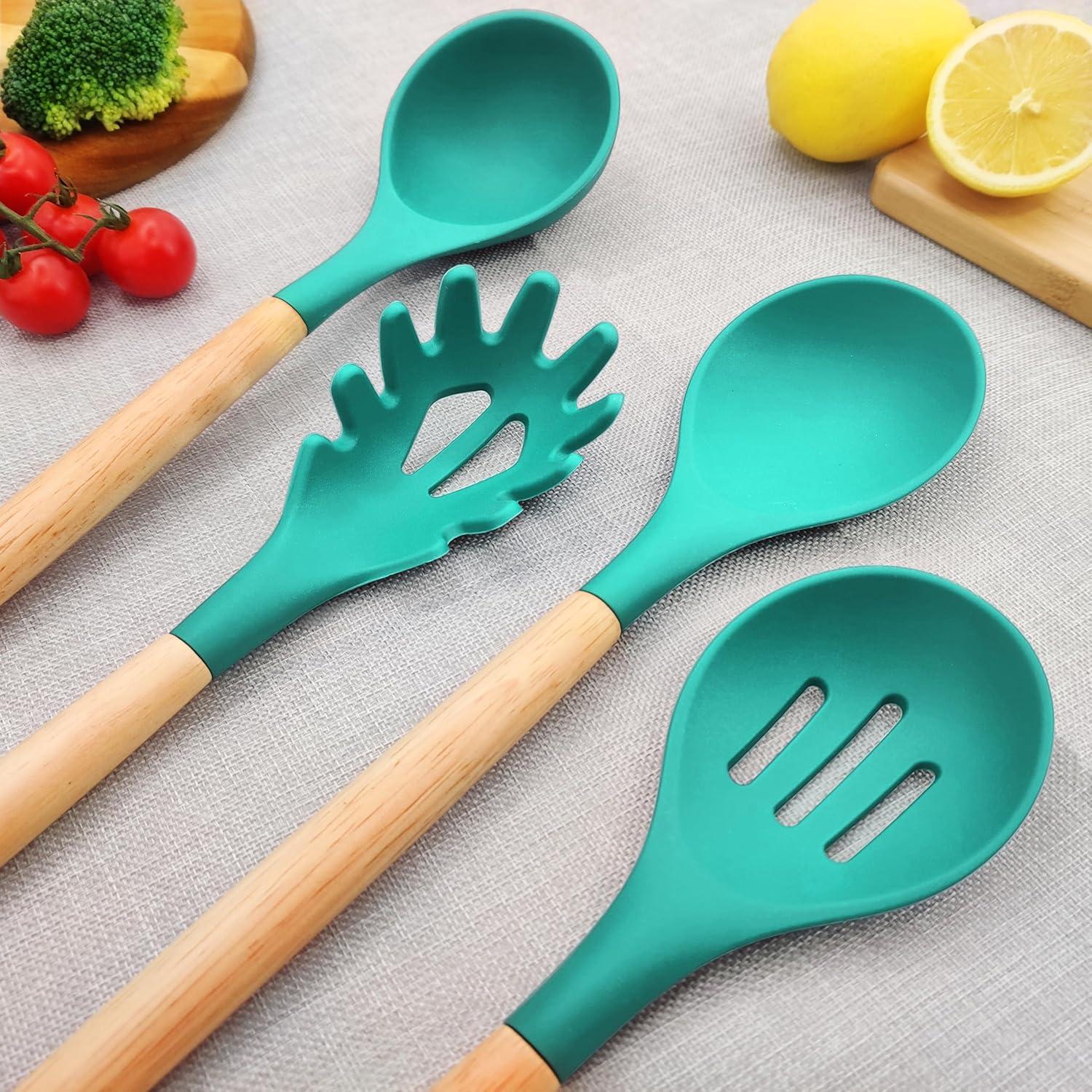 AUMIY   Cooking Utensil Set 12 Pcs Silicone Kitchen Utensils Set Silicone Spatula Set Wooden Utensil Set Silicone Utensils For Cooking