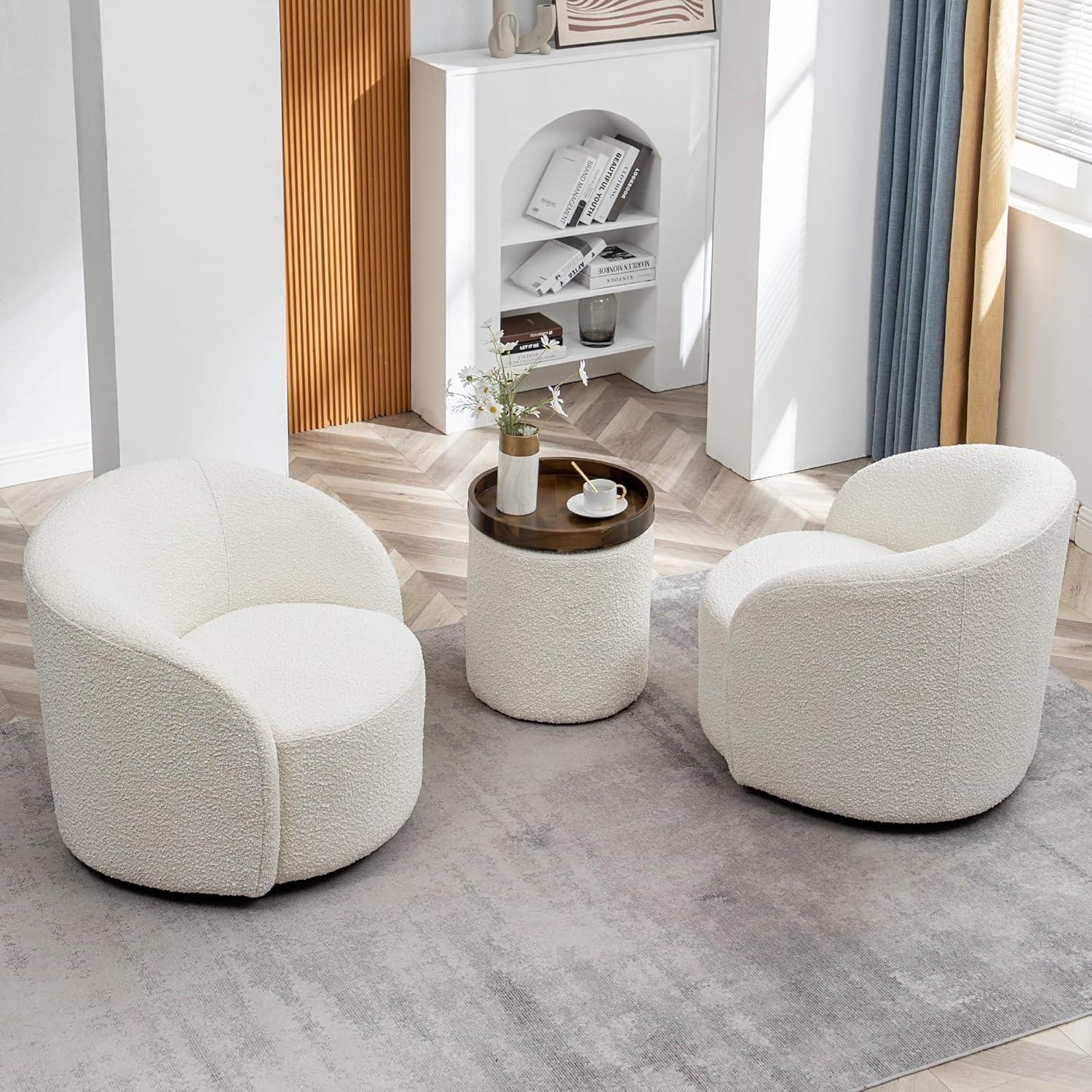 Cream Boucle Upholstered Swivel Barrel Chairs, Set of 2