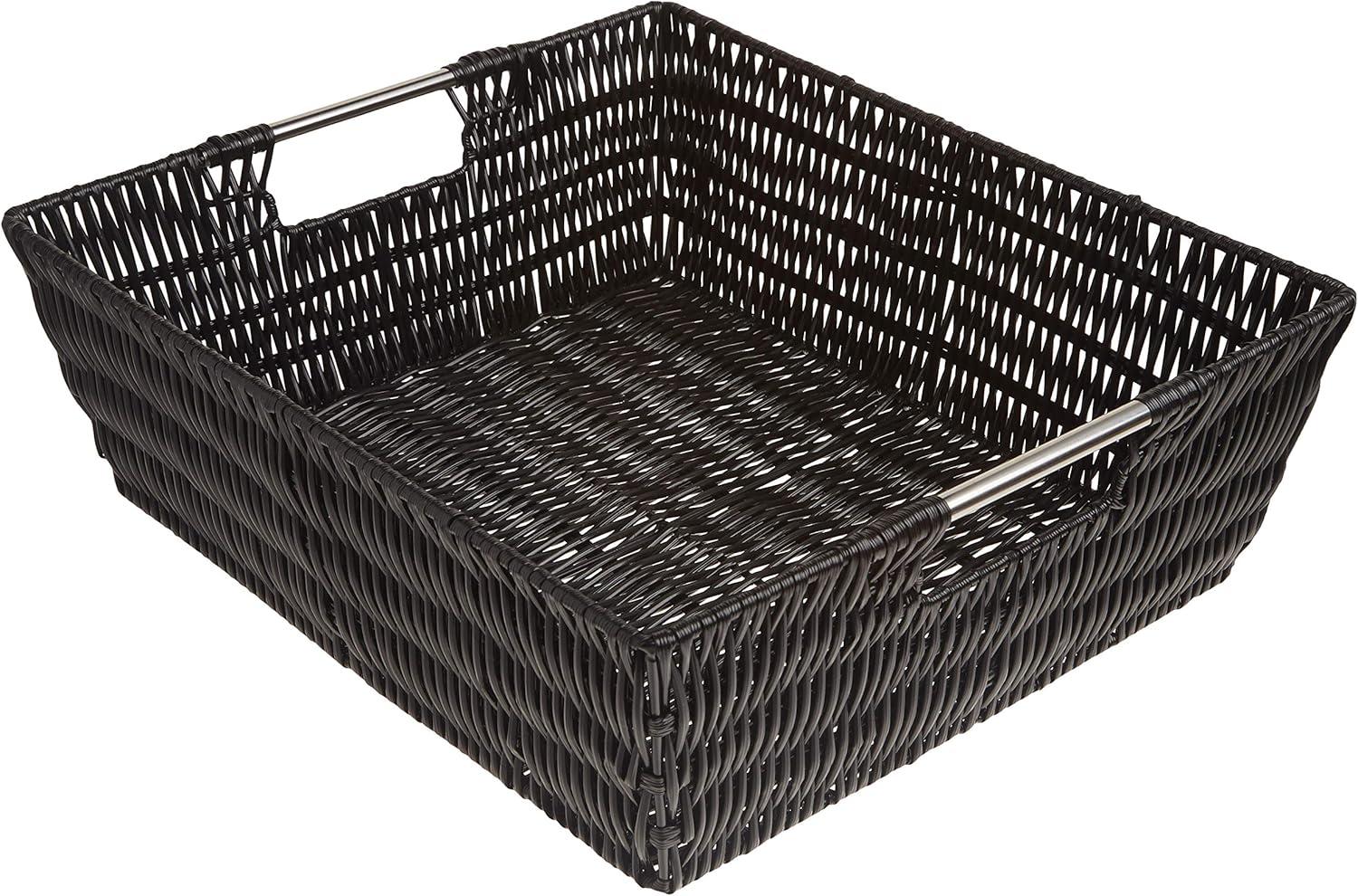 Black Rectangular Wicker Storage Basket with Handles