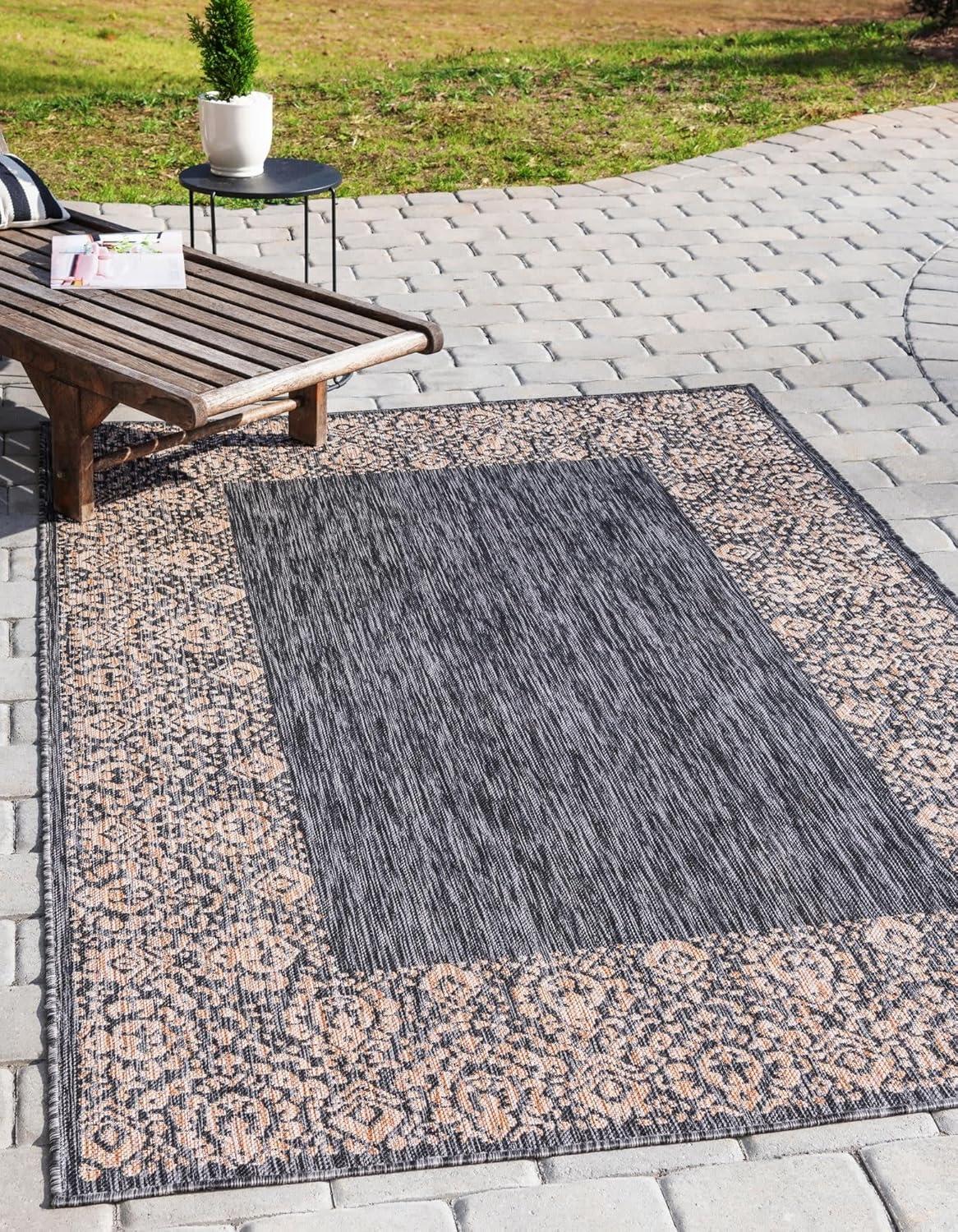 Charcoal Gray Floral Synthetic 4' x 6' Outdoor Area Rug