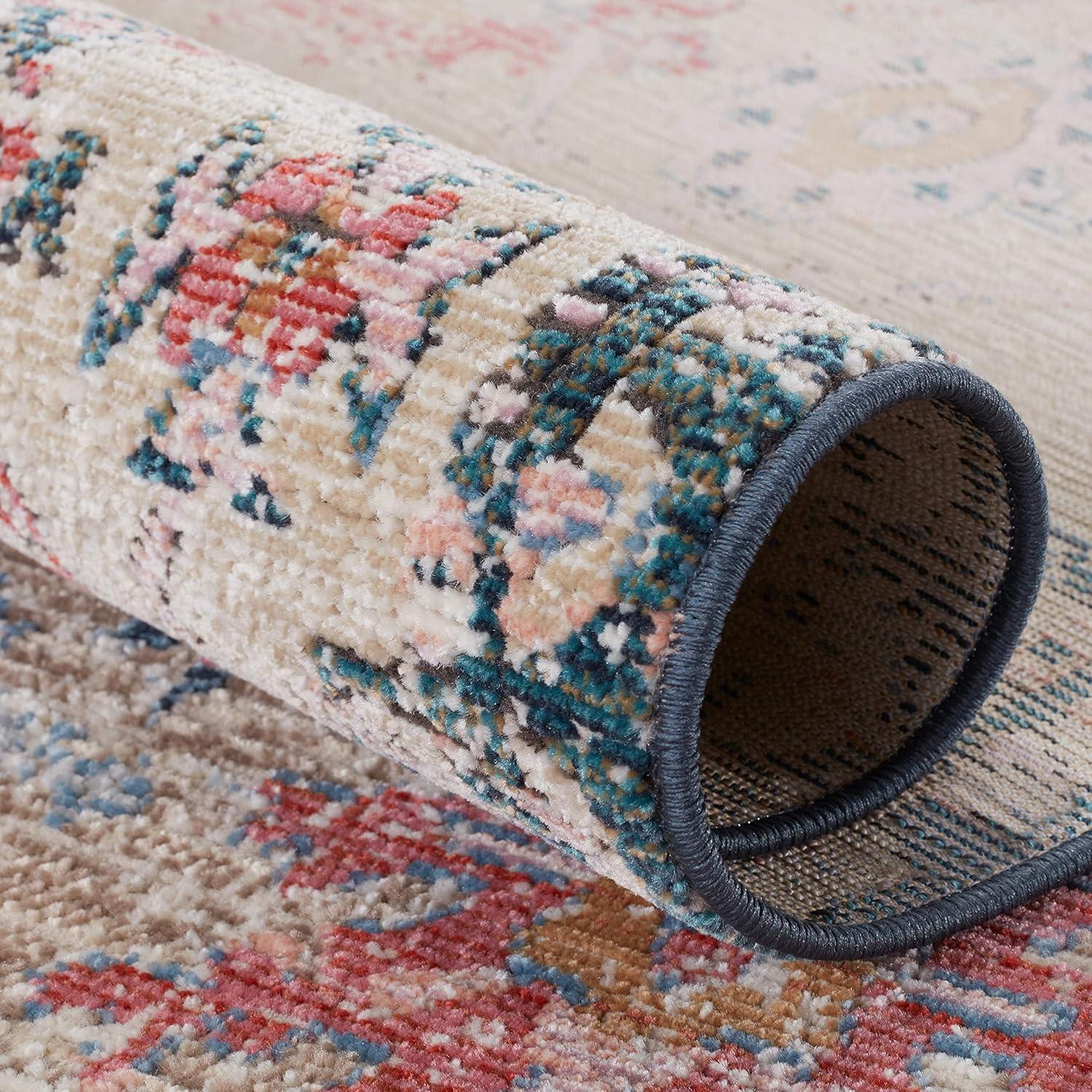 Tan and Blue Synthetic 8' x 10' Rectangular Area Rug