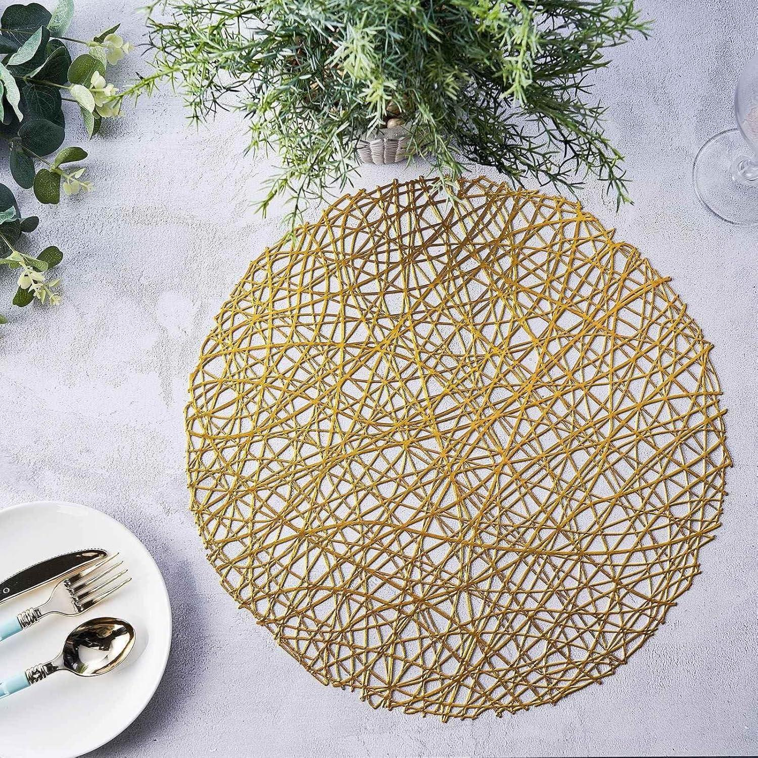 Efavormart 6 Pack 15" Gold Round Woven Vinyl Placemats Non Slip Dining Table Placemats For Wedding Events Birthday Party