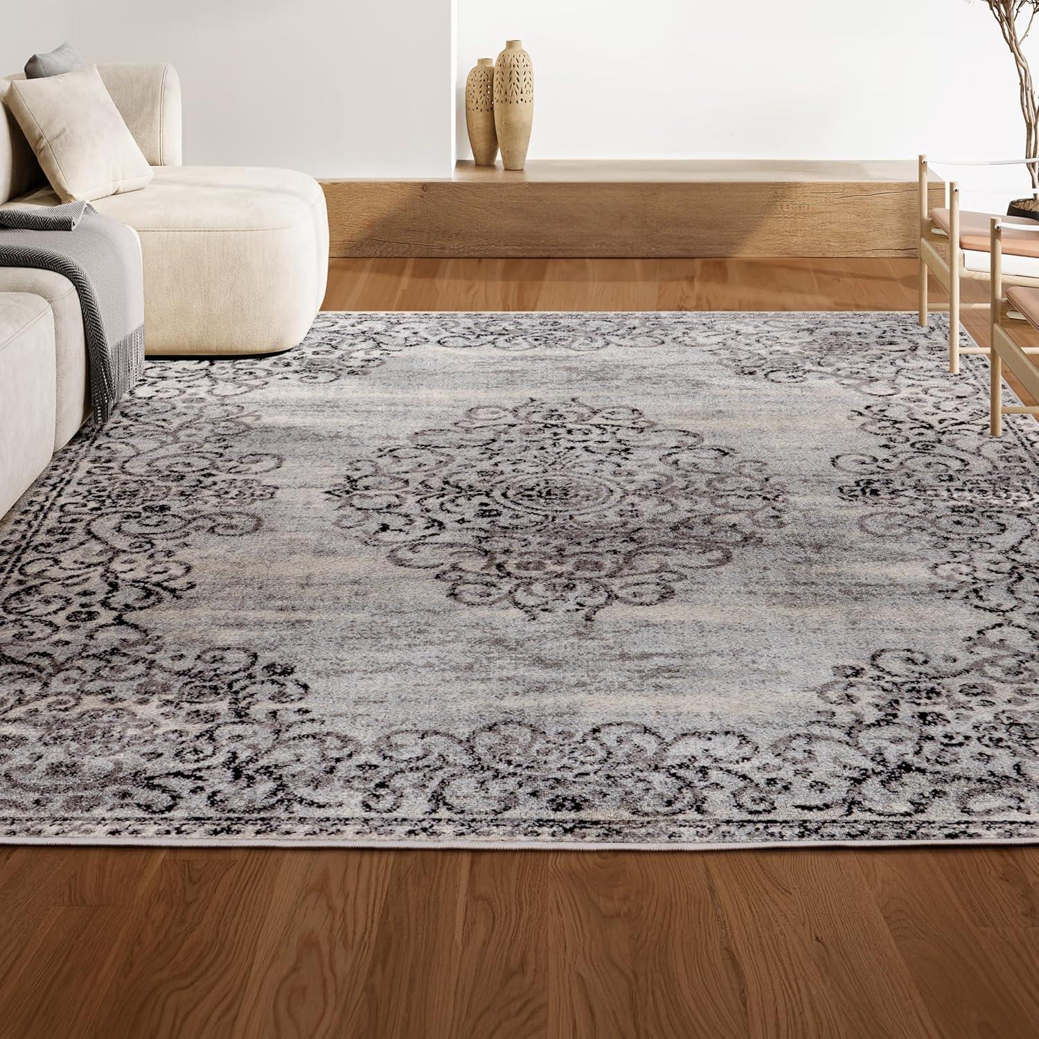 5'x8' Minori Filigree Medallion Area Rug, Dark Gray/Cream - JONATHAN Y