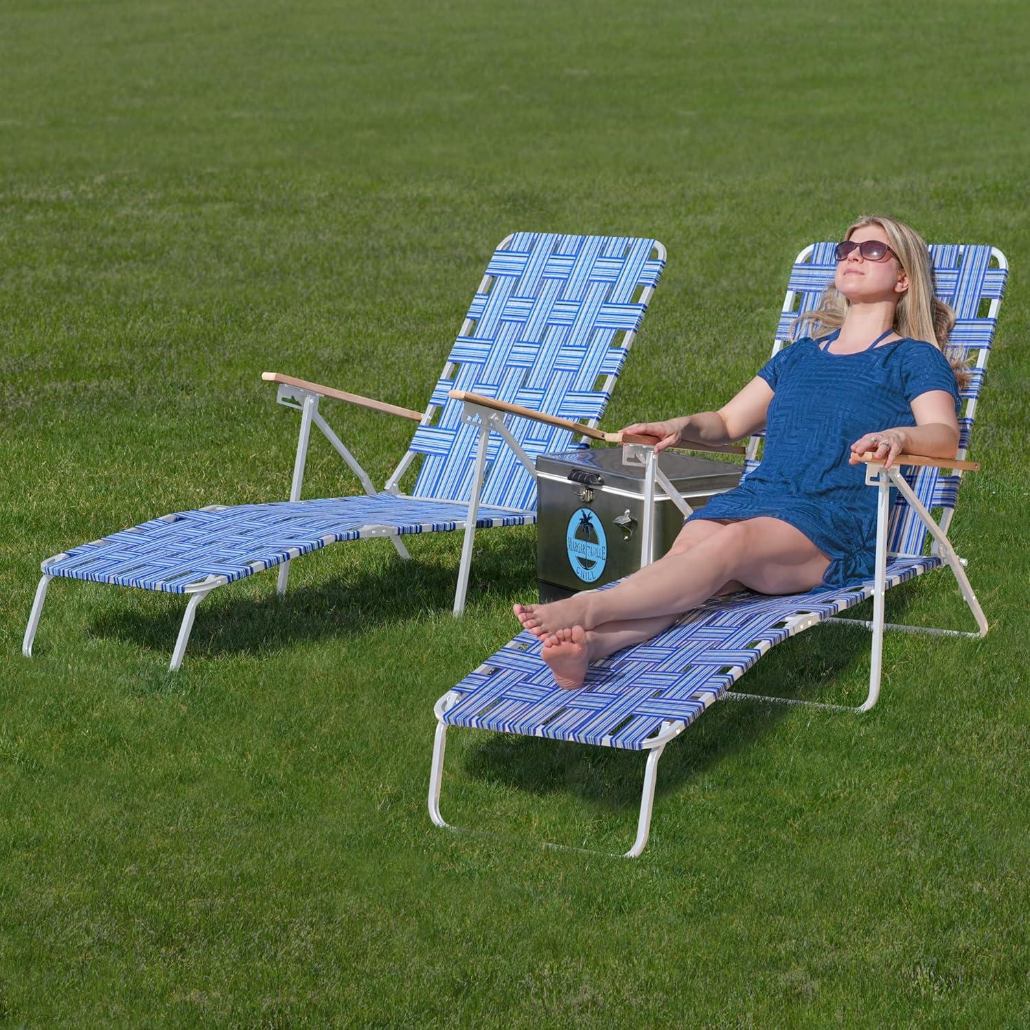 Blue and White Folding Web Chaise Lounge Chair with Wooden Arms