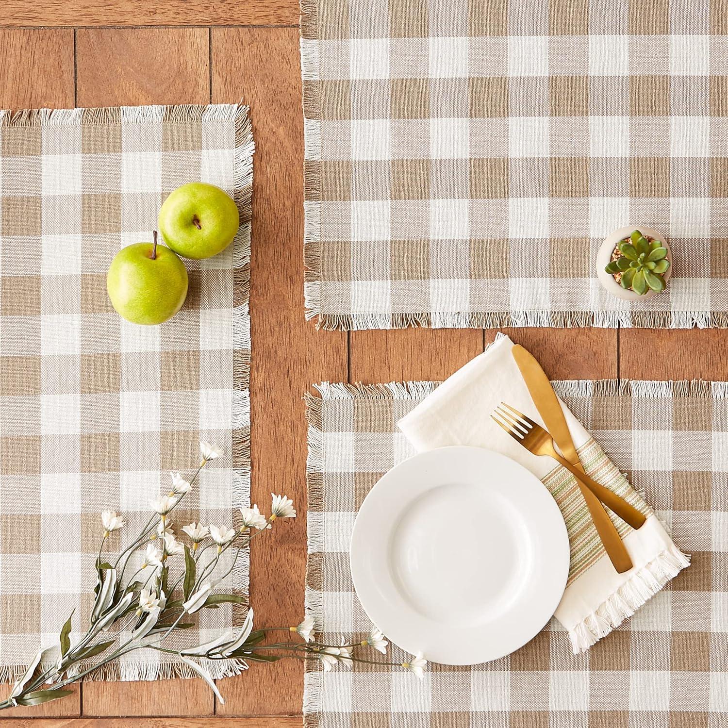 Stone Brown Checkered Cotton Fringed Placemats, 13x19, Set of 6