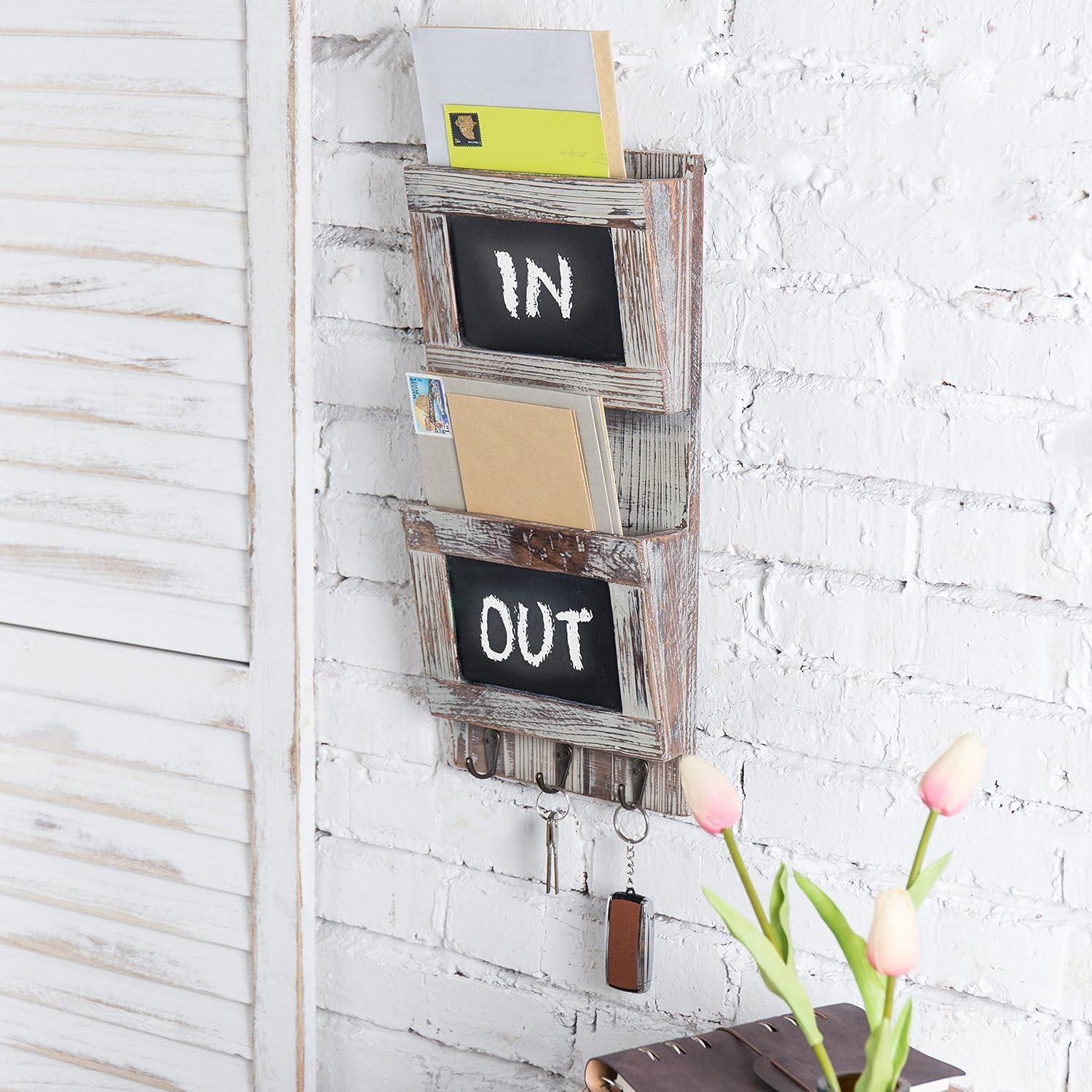 MyGift Rustic Wood Wall-Mounted 2-Slot Mail Sorter Organizer with Chalkboard Surface and 3 Key Hook Rack