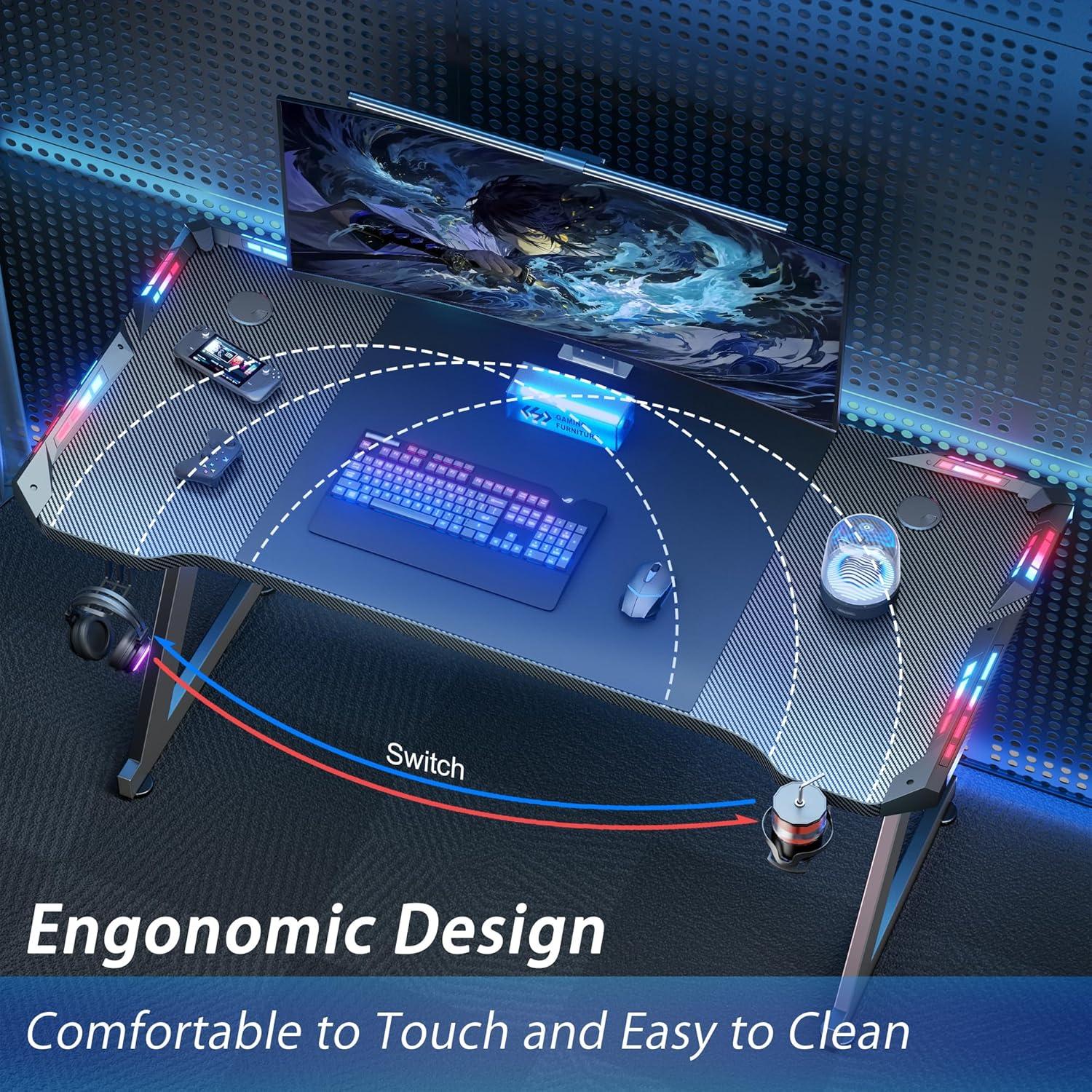 47 Inch Gaming Desk with LED Lights, Ergonomic Computer Gaming Table with Carbon Fibre Surface, Sturdy PC Workstation Desk for Home Office with Headphone Hook, Cup Holder, Black