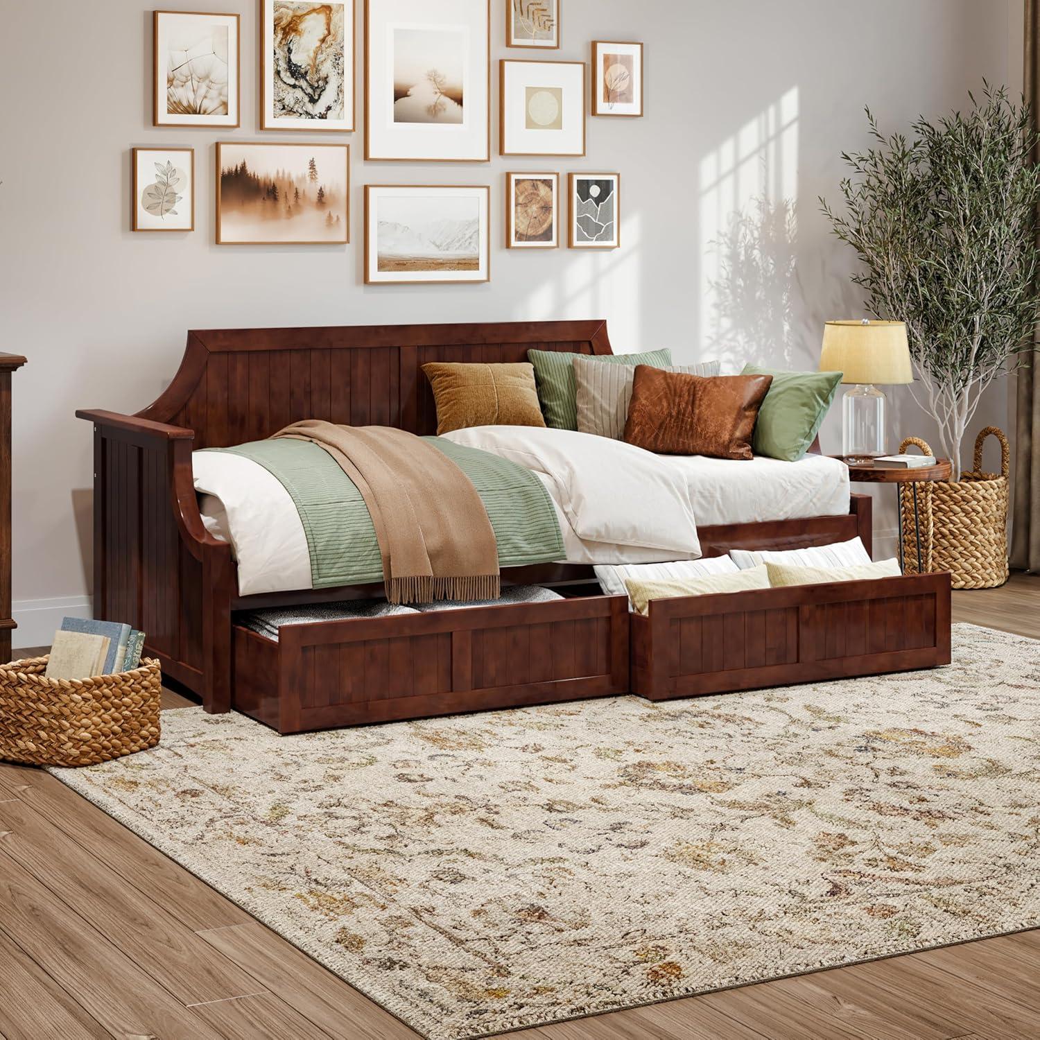 AFI Cambridge Wood Twin Size Daybed Frame with 2 Storage Drawers, Light Toffee
