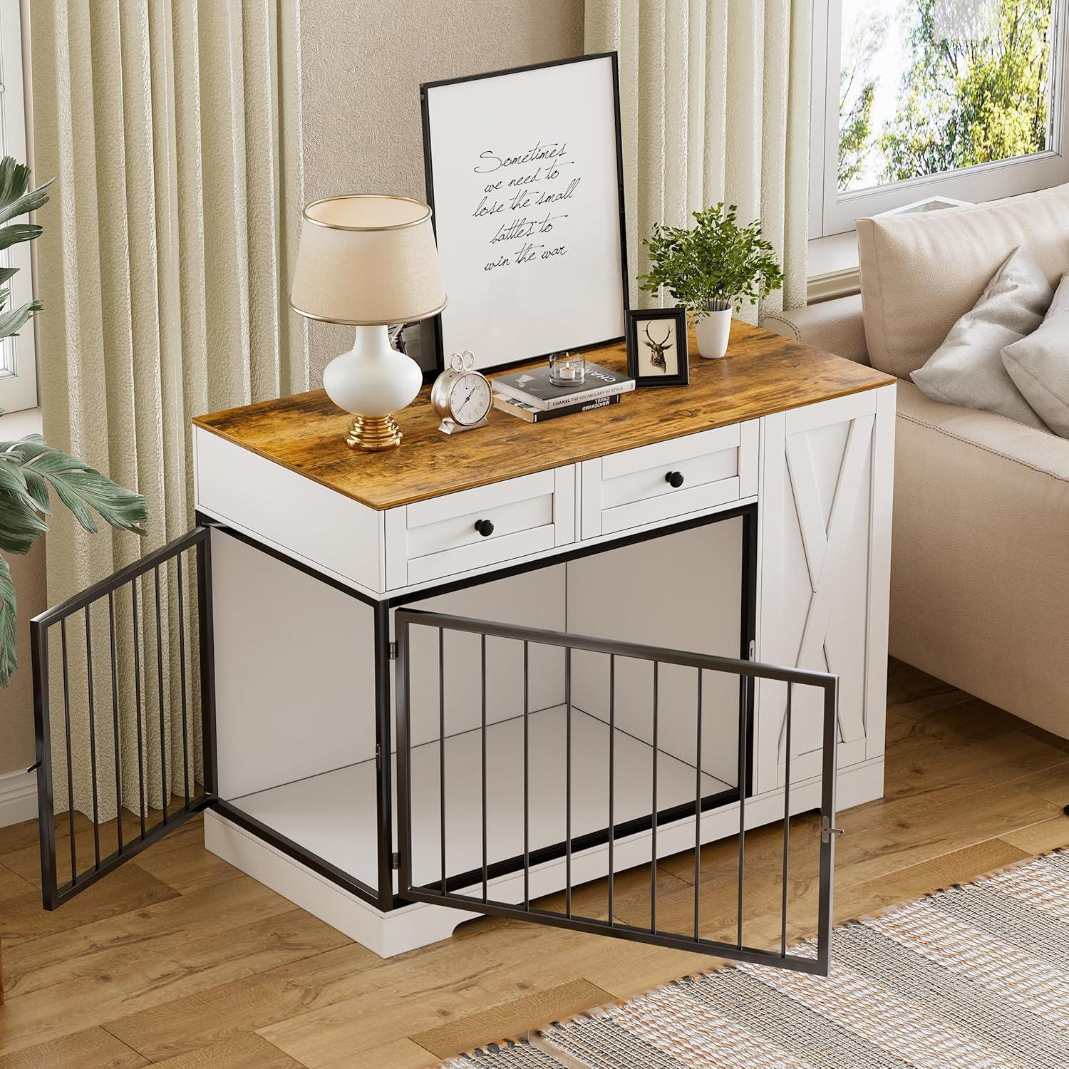 Tucker Murphy Pet™ Gladine Dog Crate Furniture Kennel with Double Doors, Wooden Pet House with 2 Drawers and Pet Feeder Station Storage Cabinet