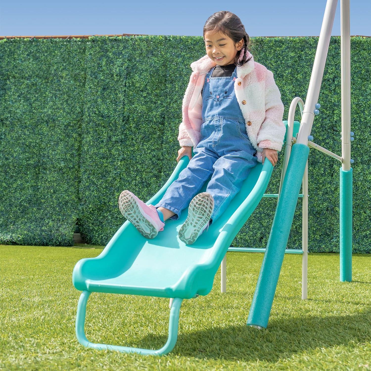 Sportspower Arcadia Metal Swing Set with Trapeze, 2 Person Glider Swing, and 5' Double Wall Slide with Lifetime Warranty (teal ver.)