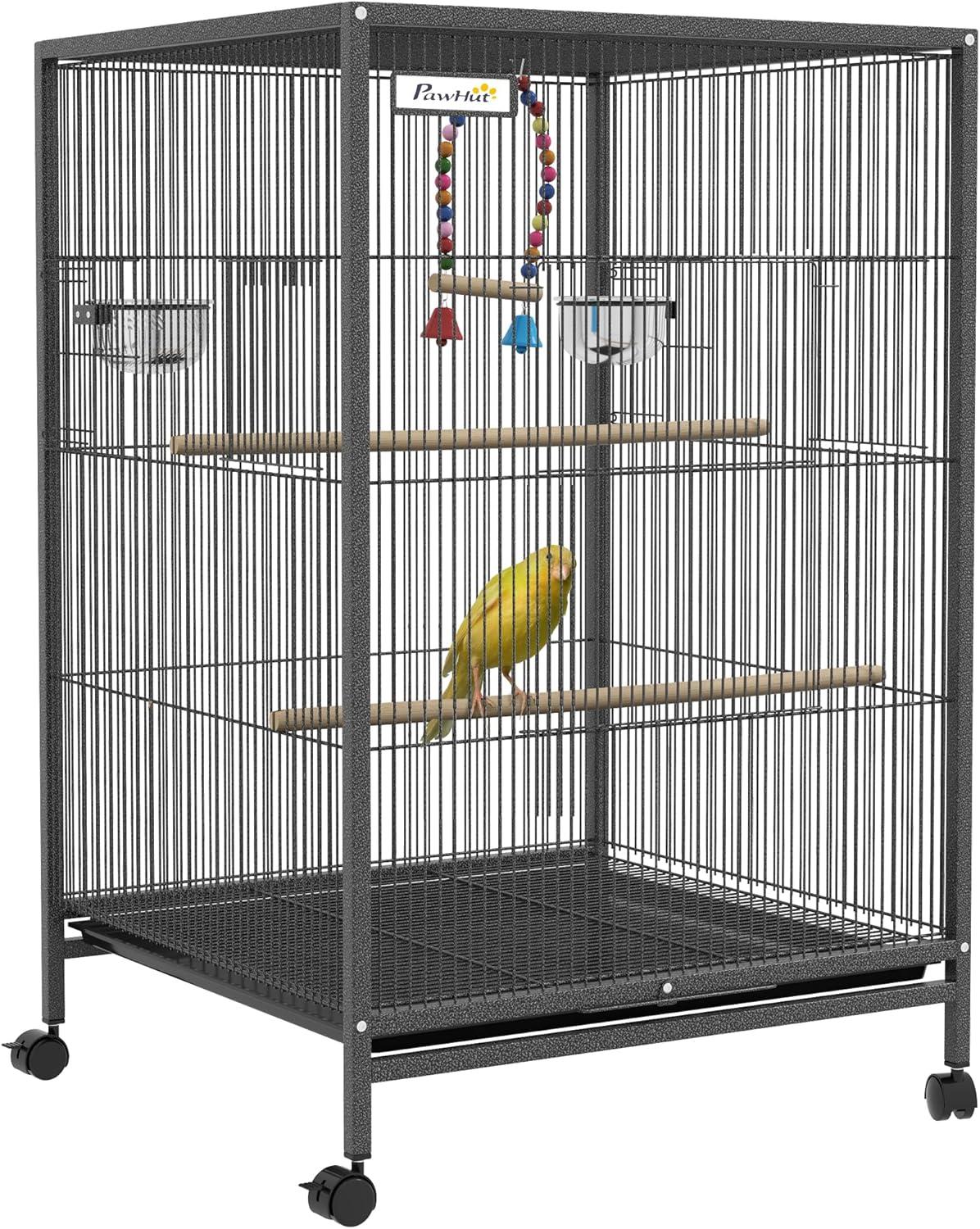 Pawhut Metal Bird Cage with Stand for Parrots, Lovebirds, Finches, Gray