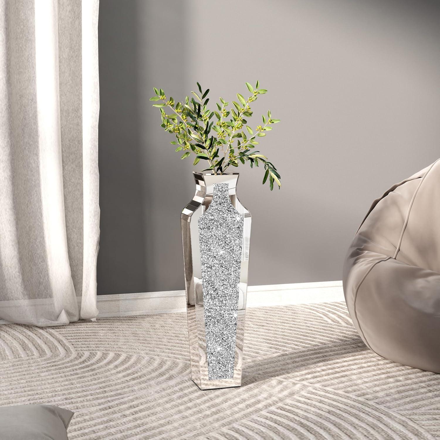 SHYFOY 18" Silver Floor Vase Crushed Diamond Mirrored Vase for Decor Living Room Floor, Crystal Mirrored Luxury Container for Dried Flower Arrangements Decor, Can’t Hold Water