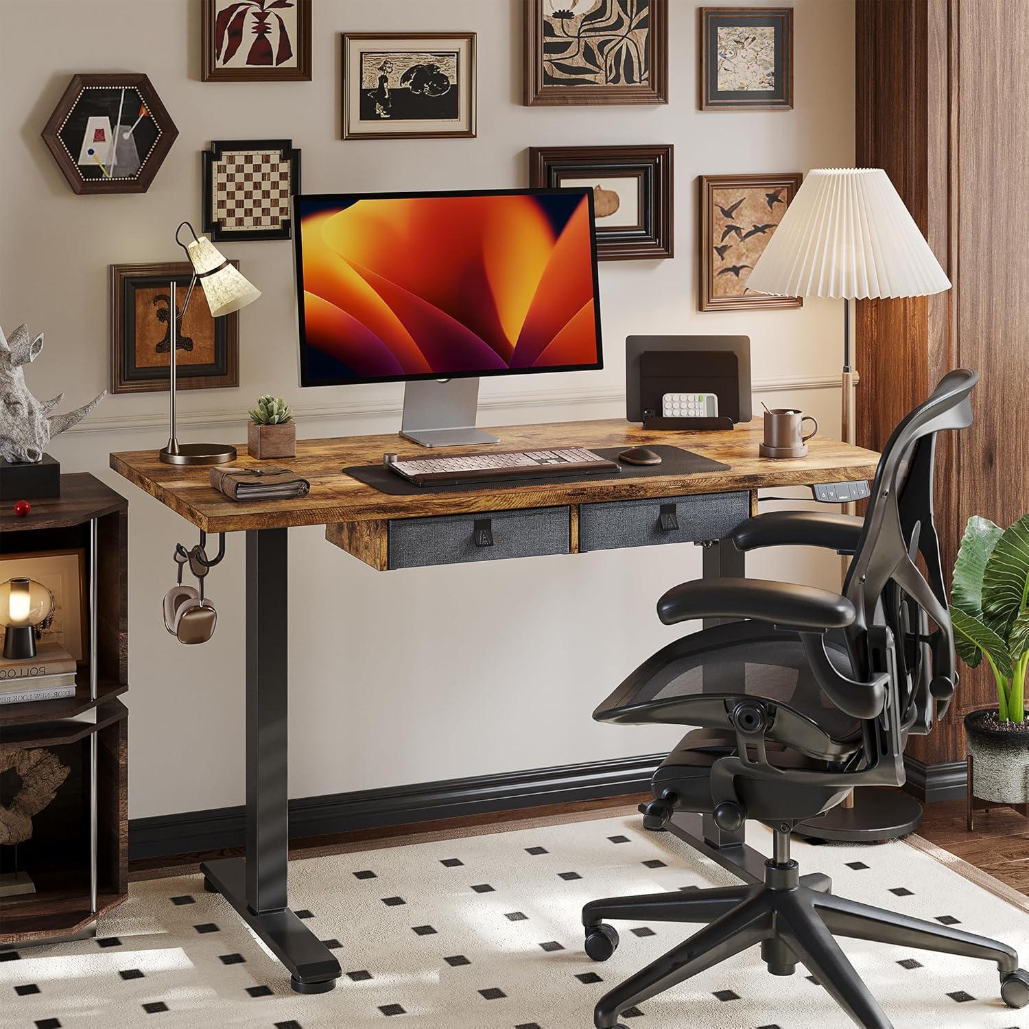 Rustic Brown Adjustable Height Standing Desk with Drawers and Shelf