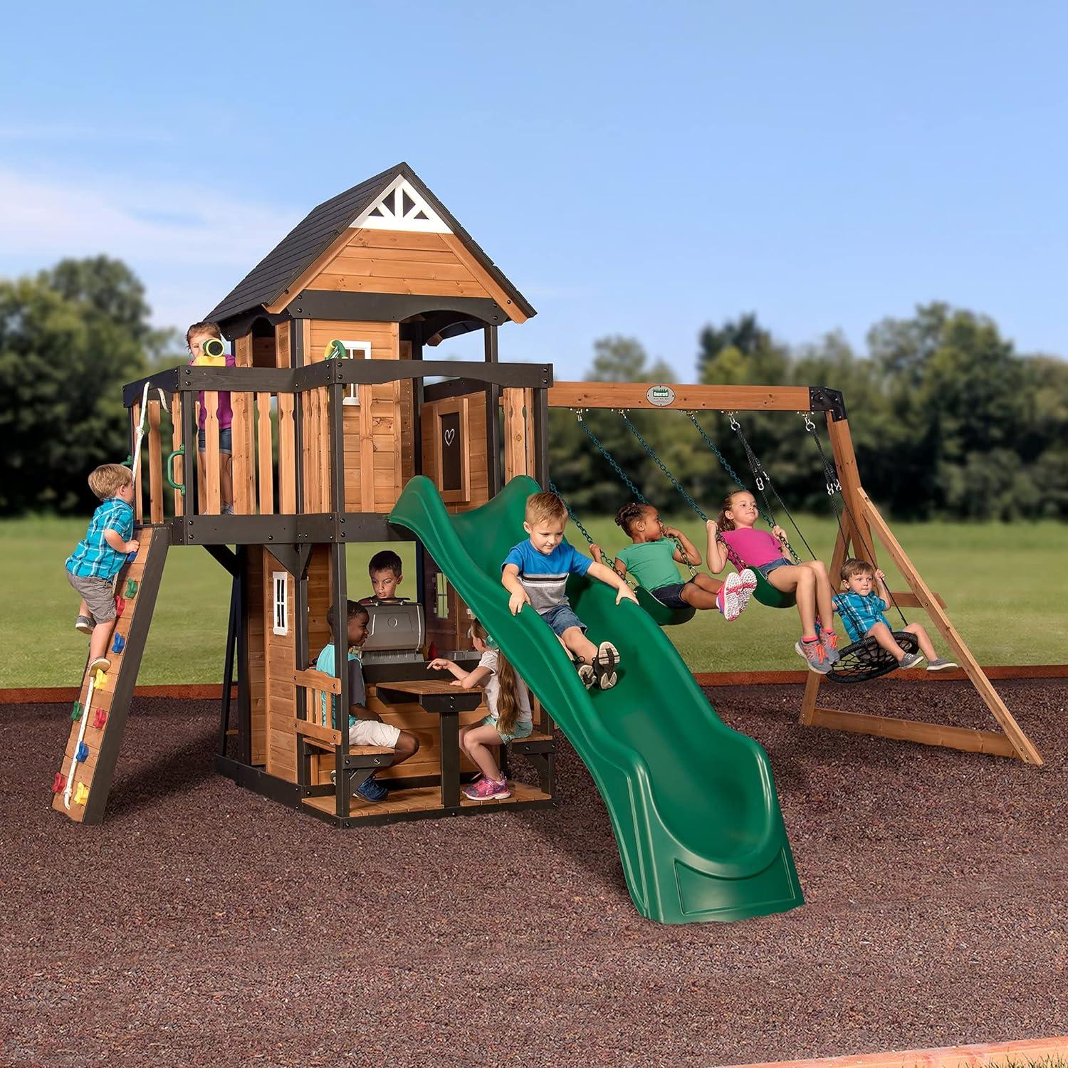 Canyon Creek Cedar Wood Swing Set with Slide and Playhouse