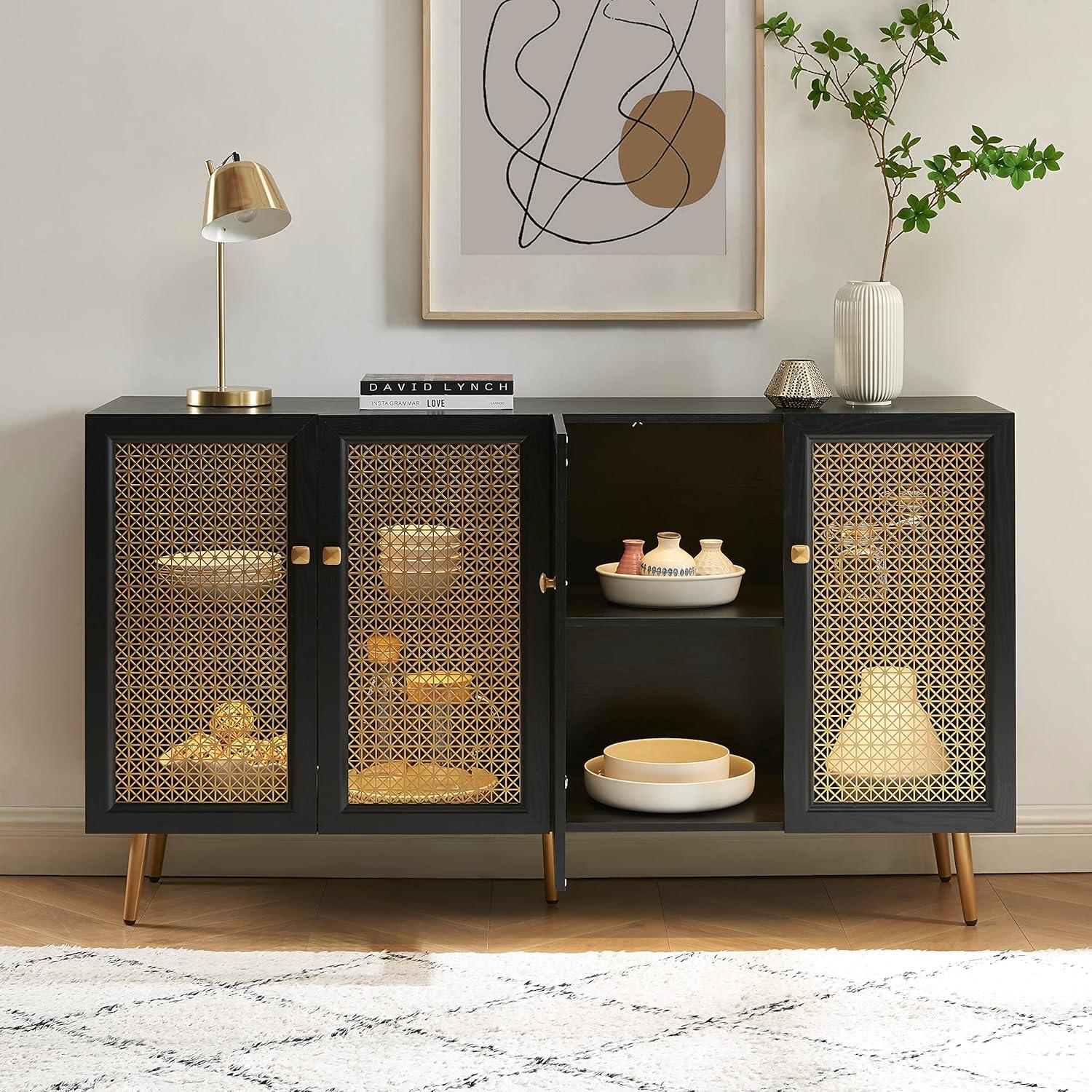 61.7''W Four Door Wood Buffets and Sideboards Storage Cabinet with LED Light Black