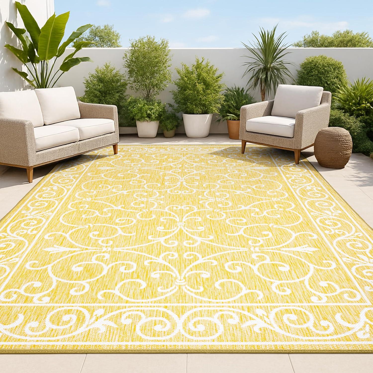 3' x 5' Charleston Vintage Filigree Textured Weave Indoor/Outdoor Area Rug, Yellow/Cream - JONATHAN Y