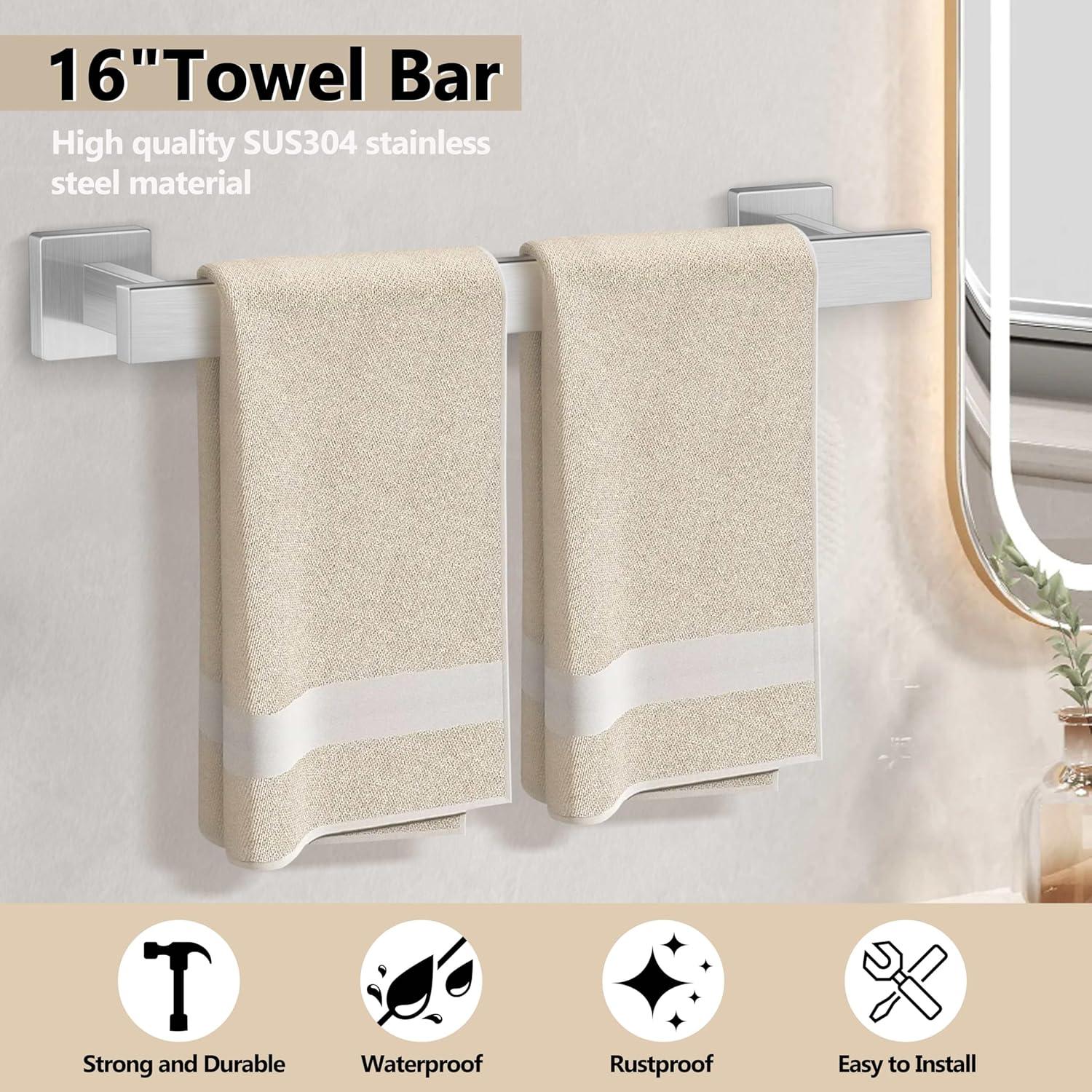 5 Pieces Brushed Nickel Bathroom Accessories Set, Homikit SUS304 Stainless Steel Wall Mounted Bath Towel Hardware Bar Set, 16 Inch Towel Rack, Toilet Paper Holder, Towel Ring, Hooks
