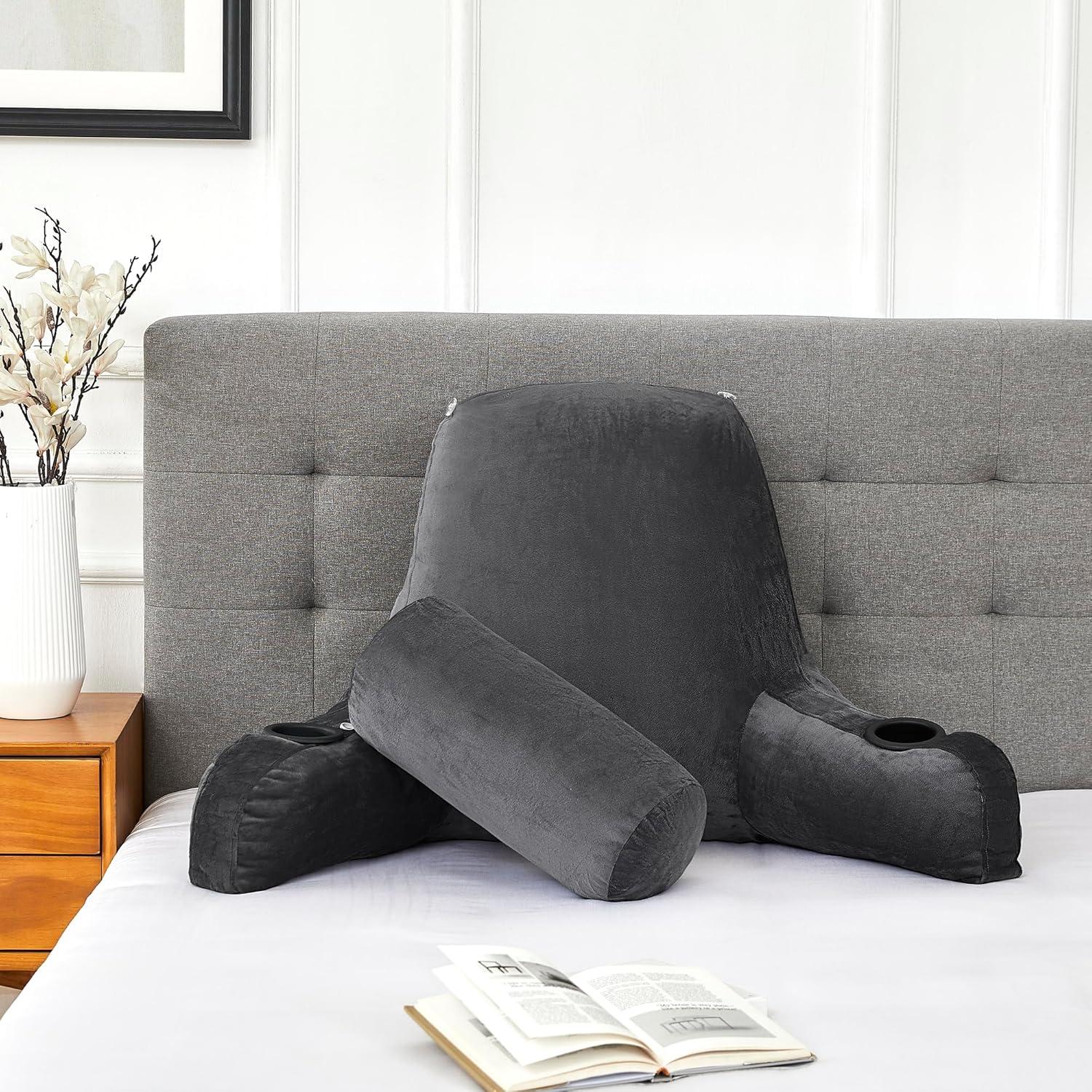 Extra Large Black Velvet Reading Pillow with Cup Holders