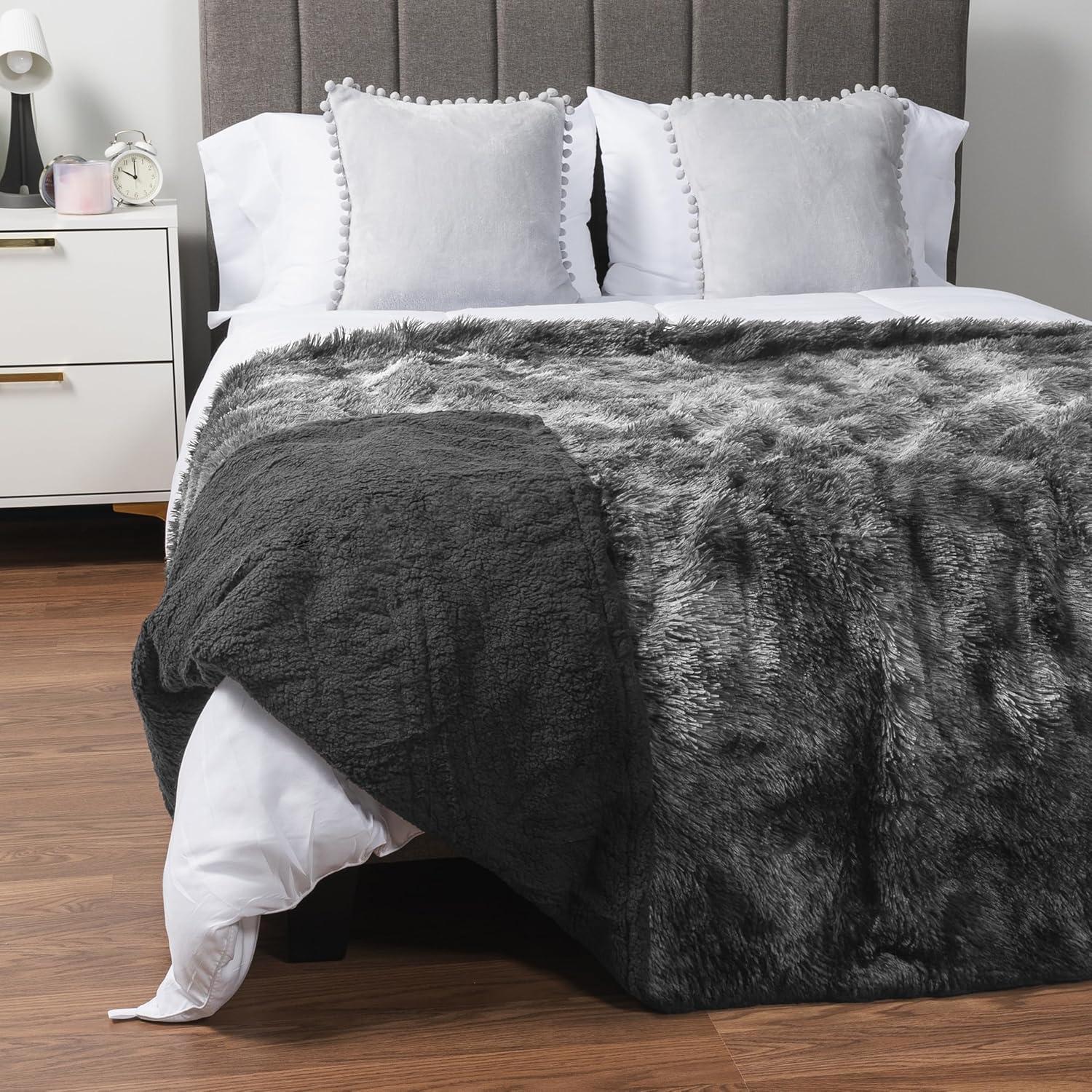 PAVILIA Fluffy Faux Fur Reversible Throw Blanket for Bed, Sofa, and Couch