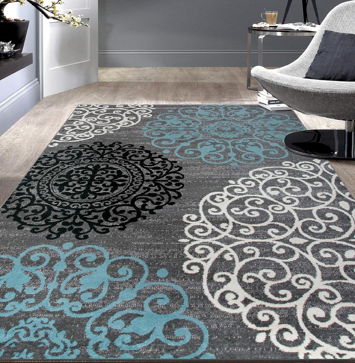 Gray and Blue Floral Synthetic Low Pile Area Rug