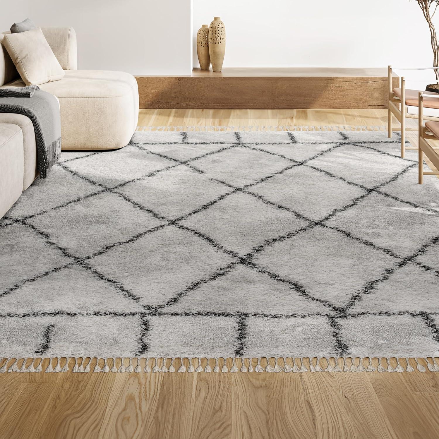 8'x10' Mercer Shag Plush Tassel Moroccan Geometric Trellis Area Rug, Cream/Grey - JONATHAN Y