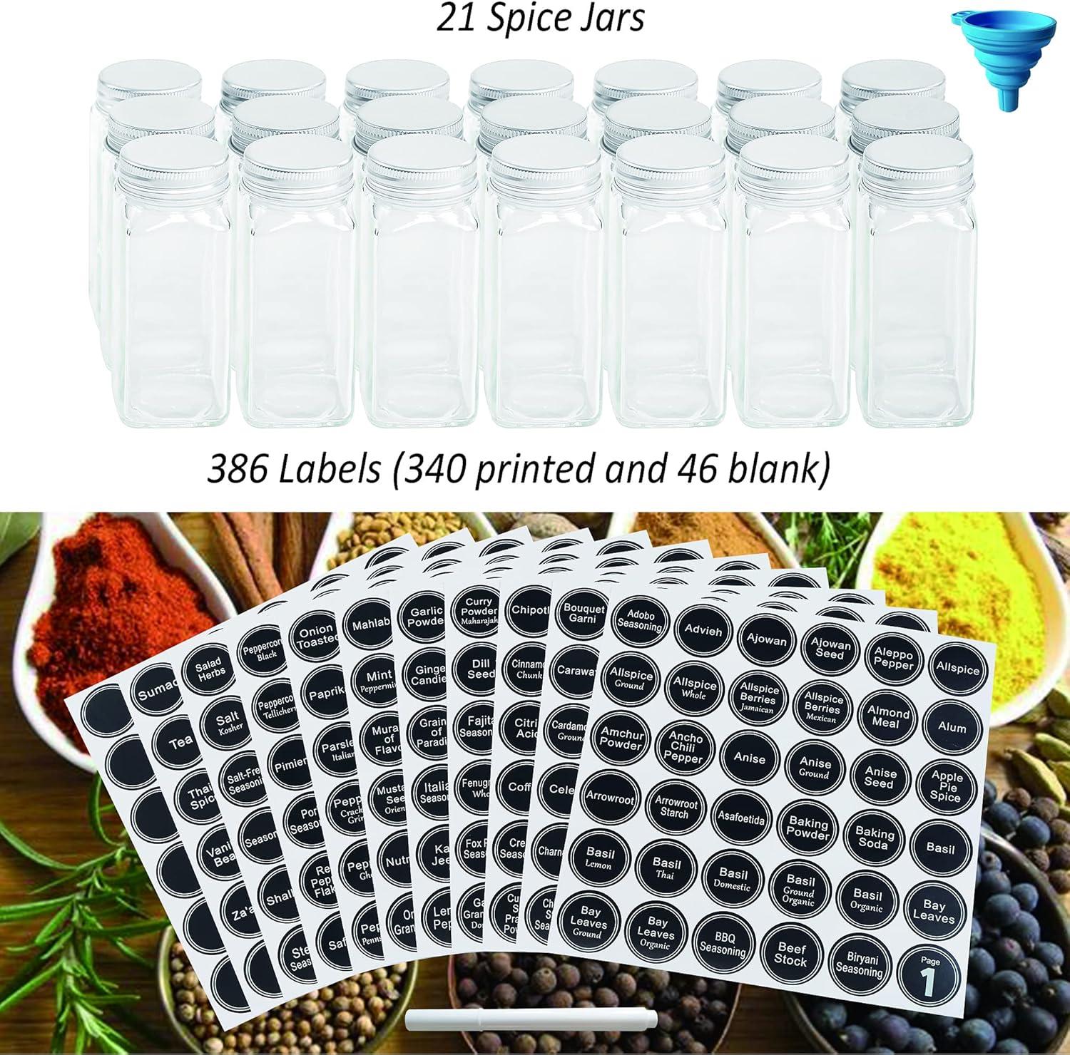 Spice Rack Organizer with 21 Spice Jars, Spice Labels, Chalk Marker and Funnel Set for Cabinet, Countertop, Pantry, Cupboard or Door & Wall Mount - 21 Jars, 13.4" W × 9" H, Black