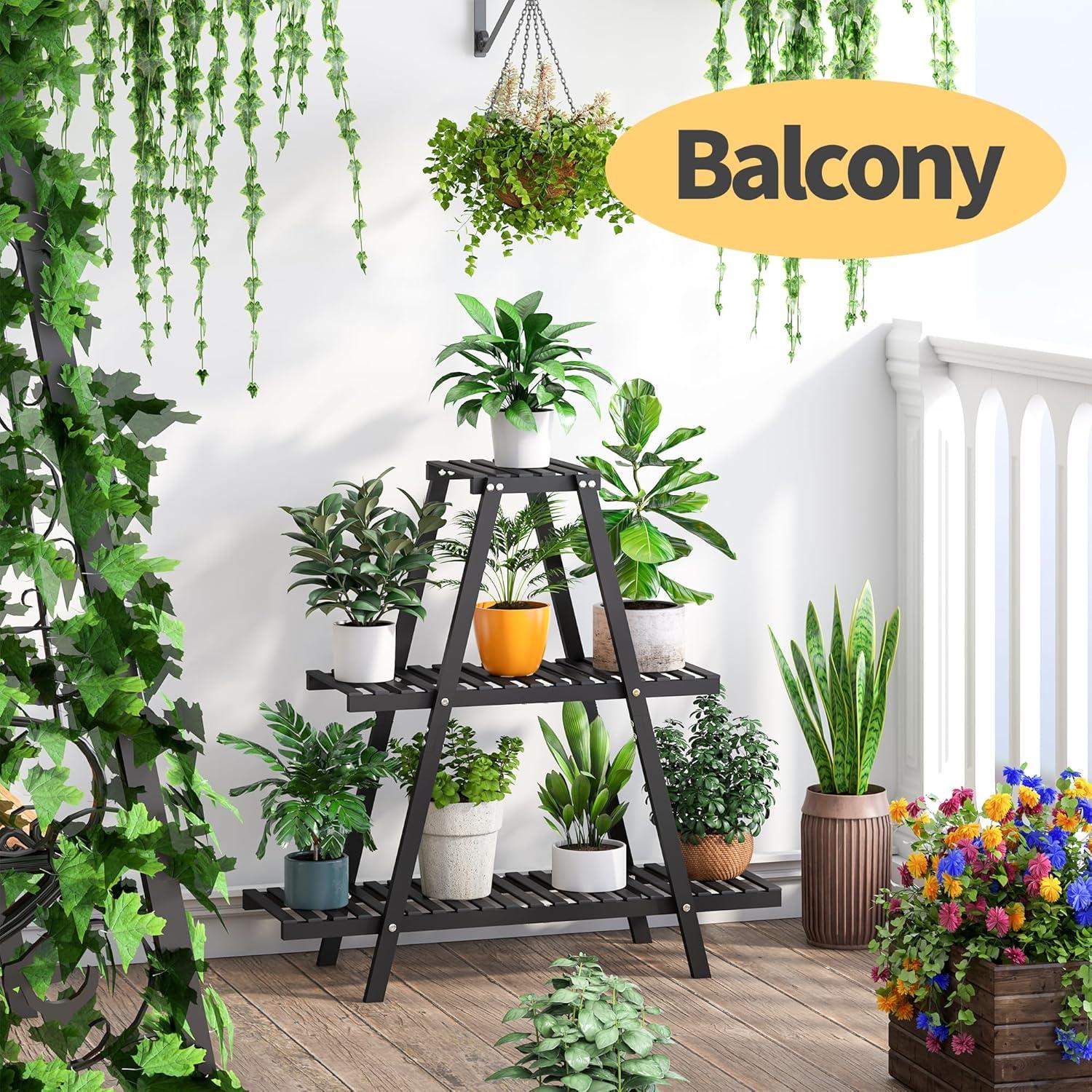 Bamboo Plant Stand Indoor/Outdoor, 3-Tier, Black, Rectangular, 8 Potted Flower Holder Ladder Plant Rack